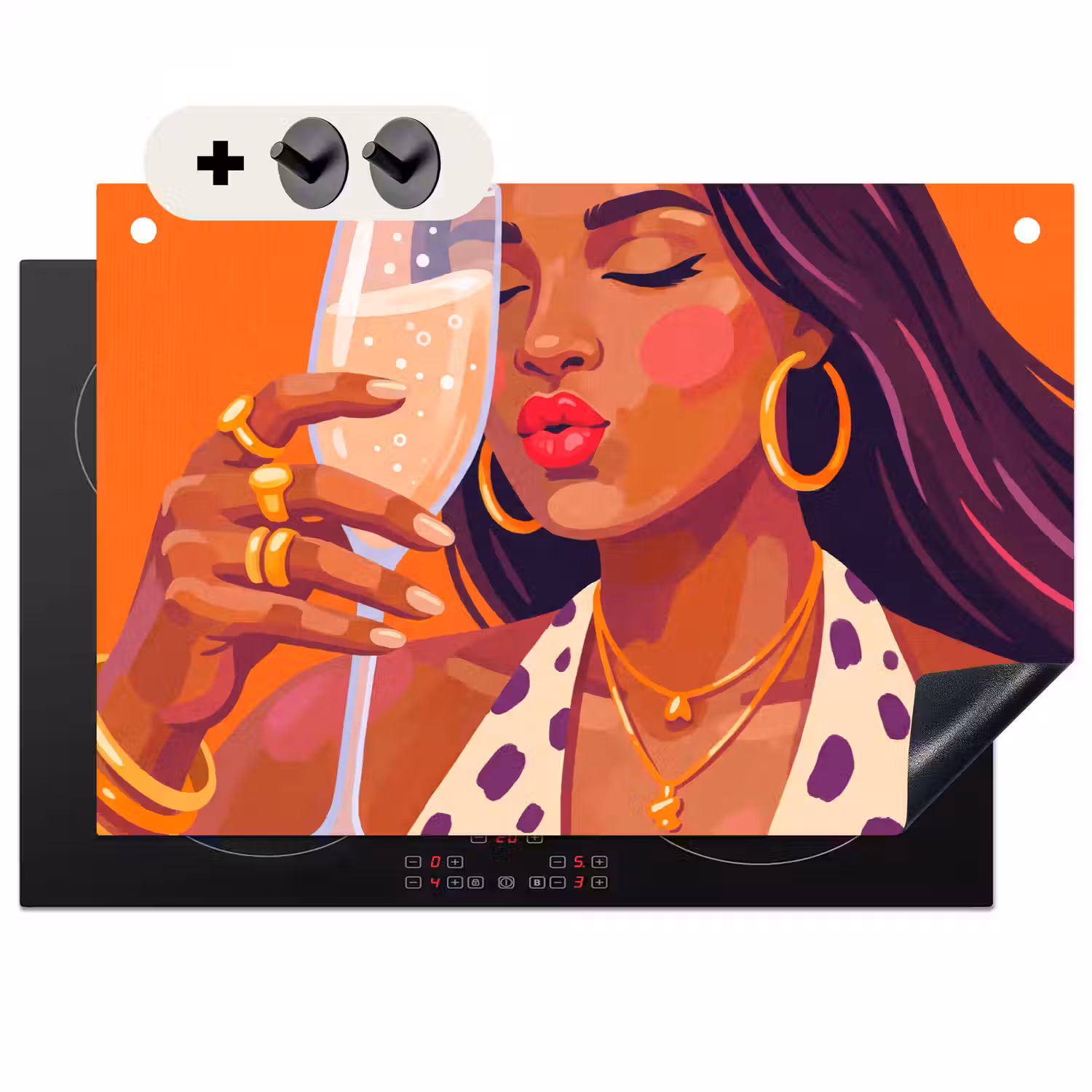Vrouw - Champagne - Feest - Modern - Oranje Inductie beschemer met haakjes klein -3d