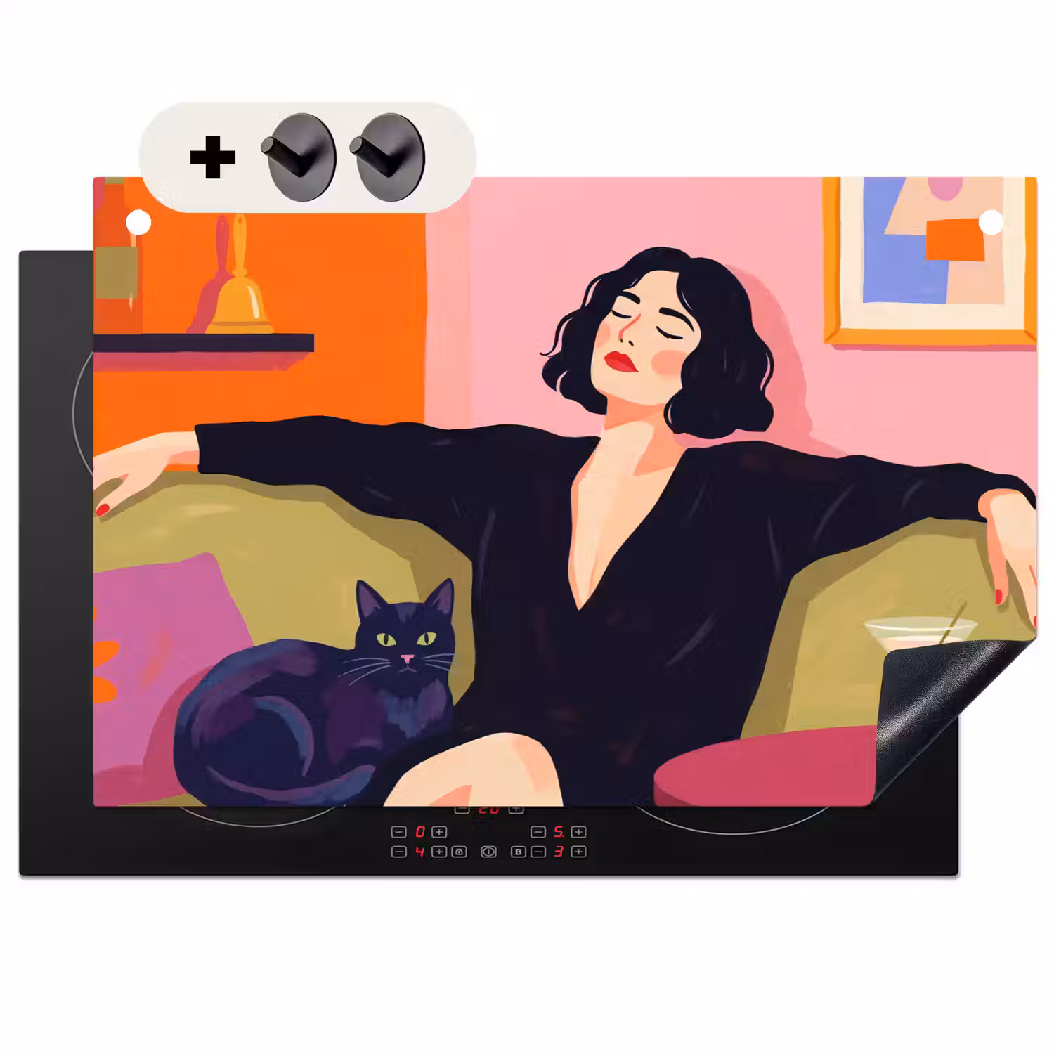 Vrouw - Kat - Interieur - Modern - Kleurrijk Inductie beschemer met haakjes klein -3d