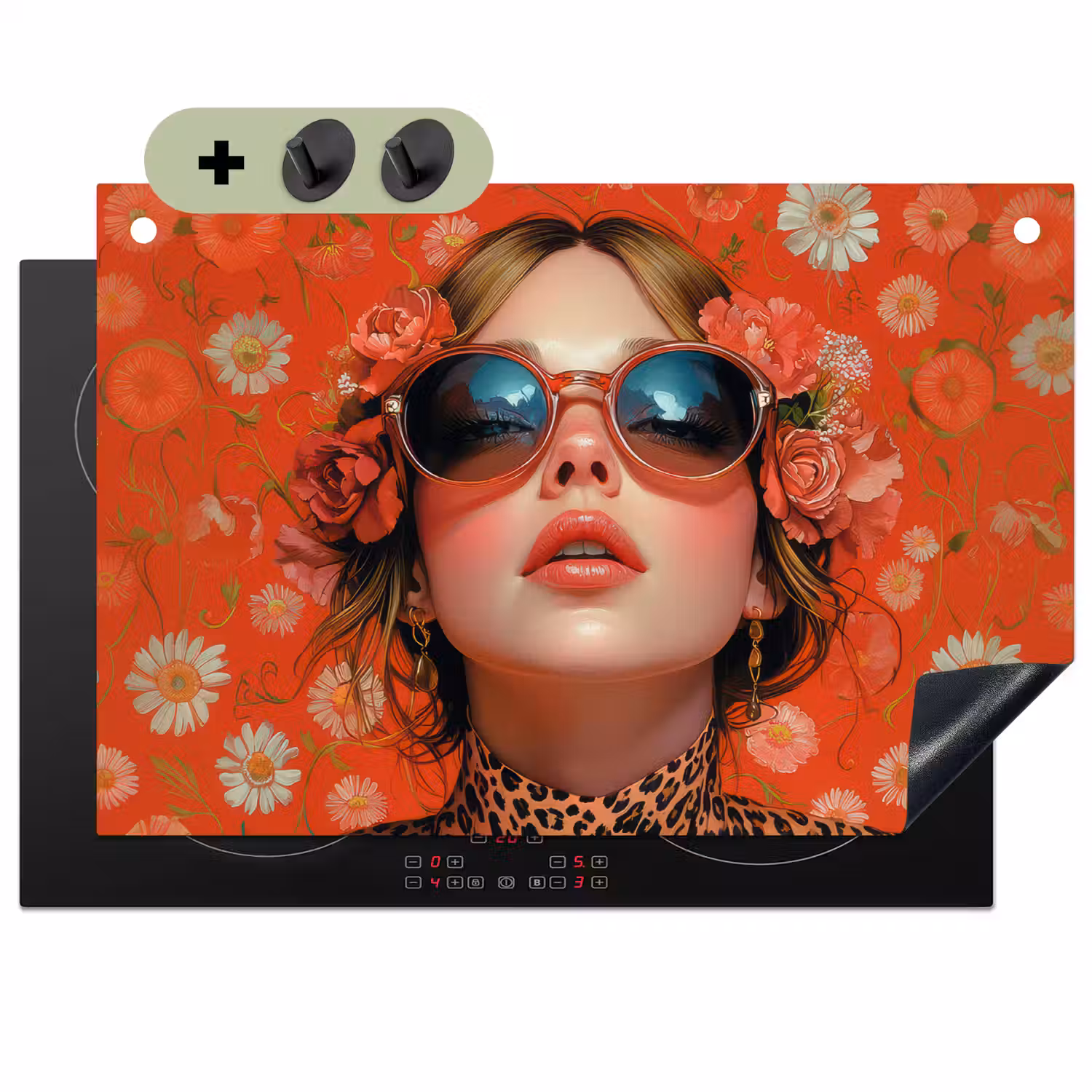 Vrouw - Kleurrijk - Dierenprint - Bloemen Inductie beschemer met haakjes klein -3d