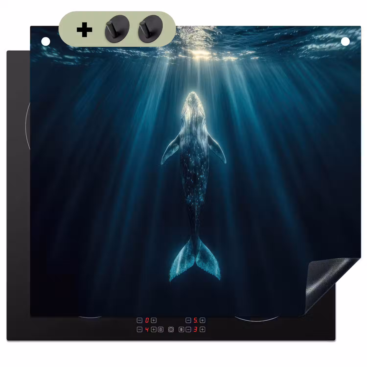 Walvis - Water - Zonnestralen - Blauw Inductie beschemer met haakjes middel -3d