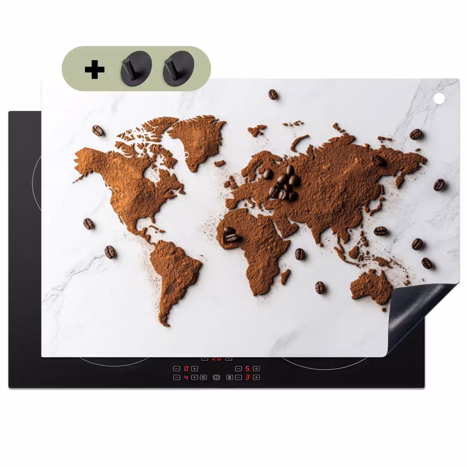 Wereldkaart - Koffie - Marmer Inductie beschemer met haakjes klein -3d