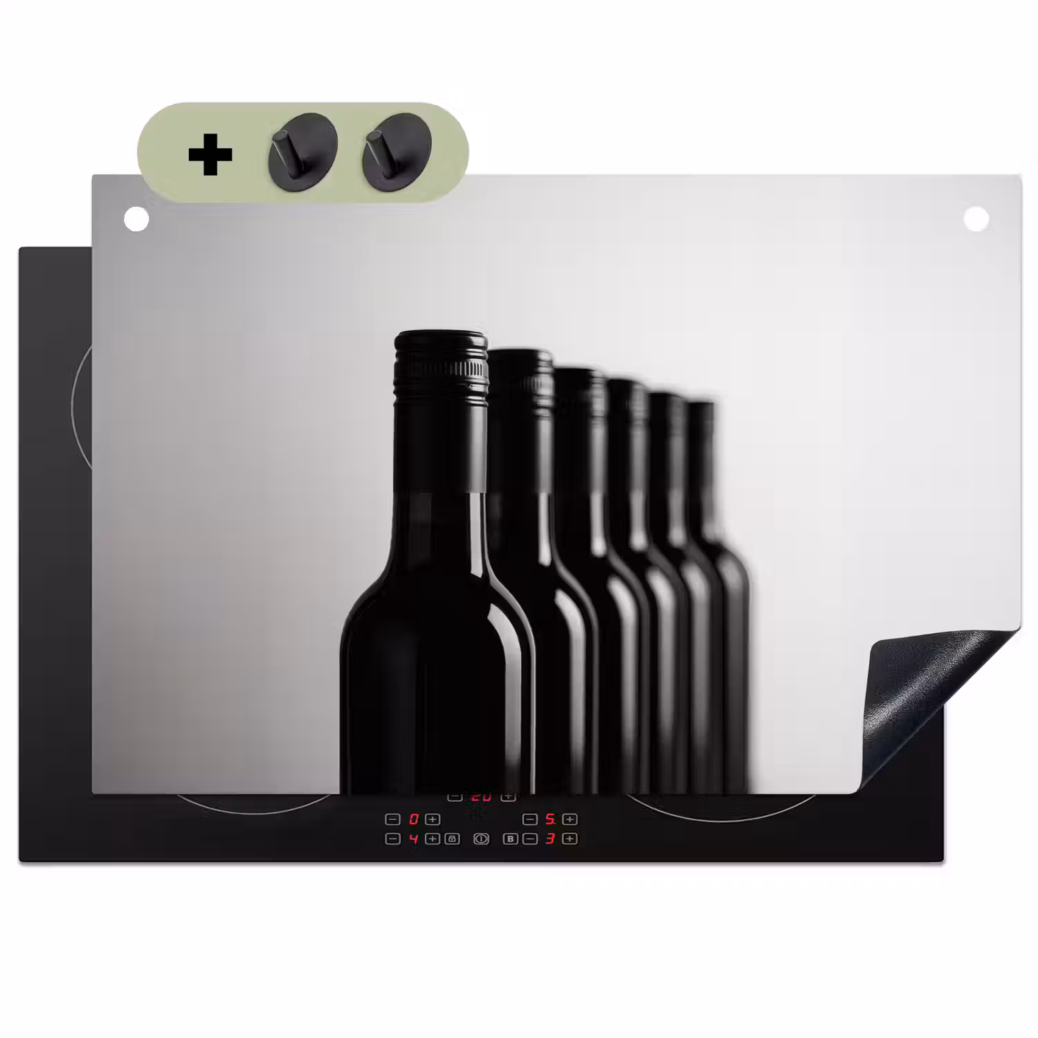 Wijnflessen - Zwart - Minimalistisch Inductie beschemer met haakjes klein -3d
