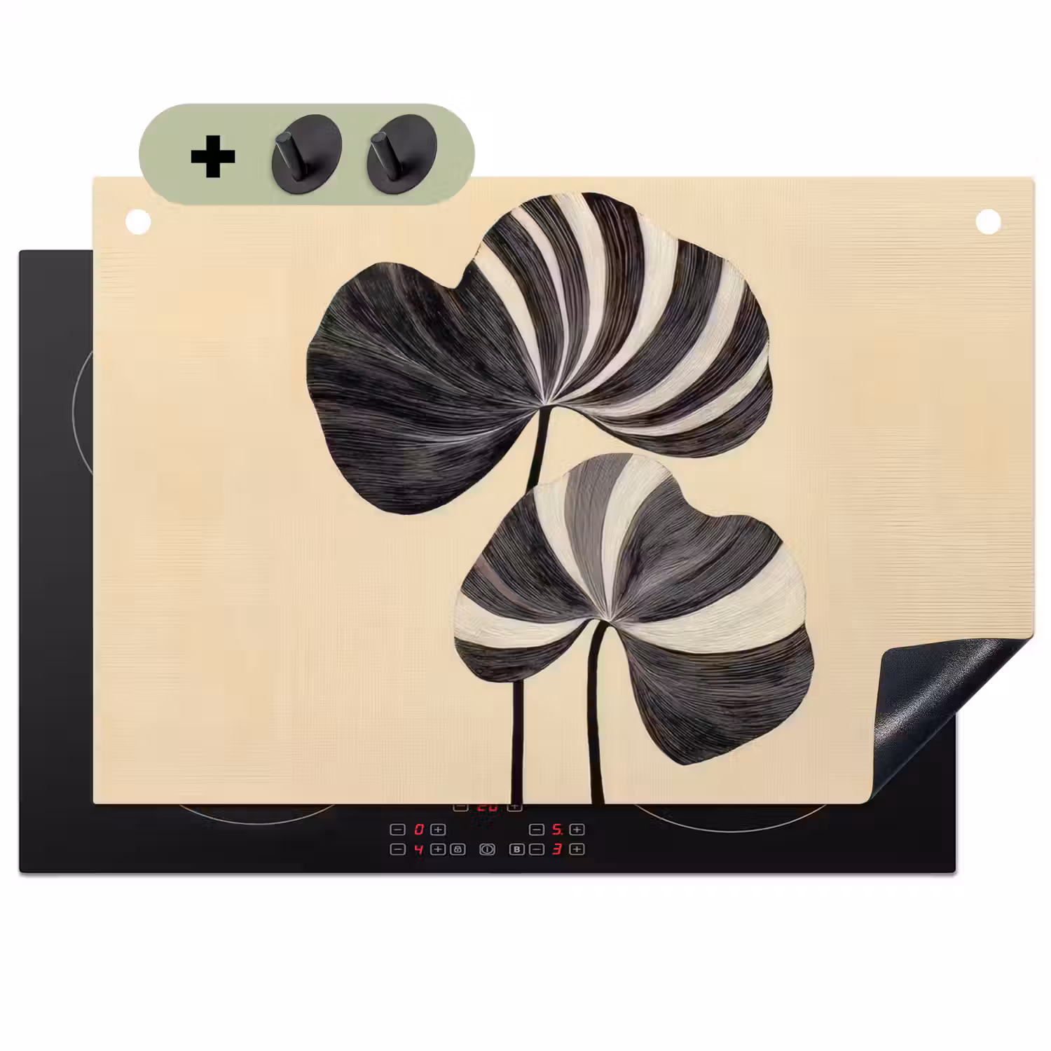 Zwart - Bladeren - Strepen - Minimalistisch Inductie beschemer met haakjes klein -3d