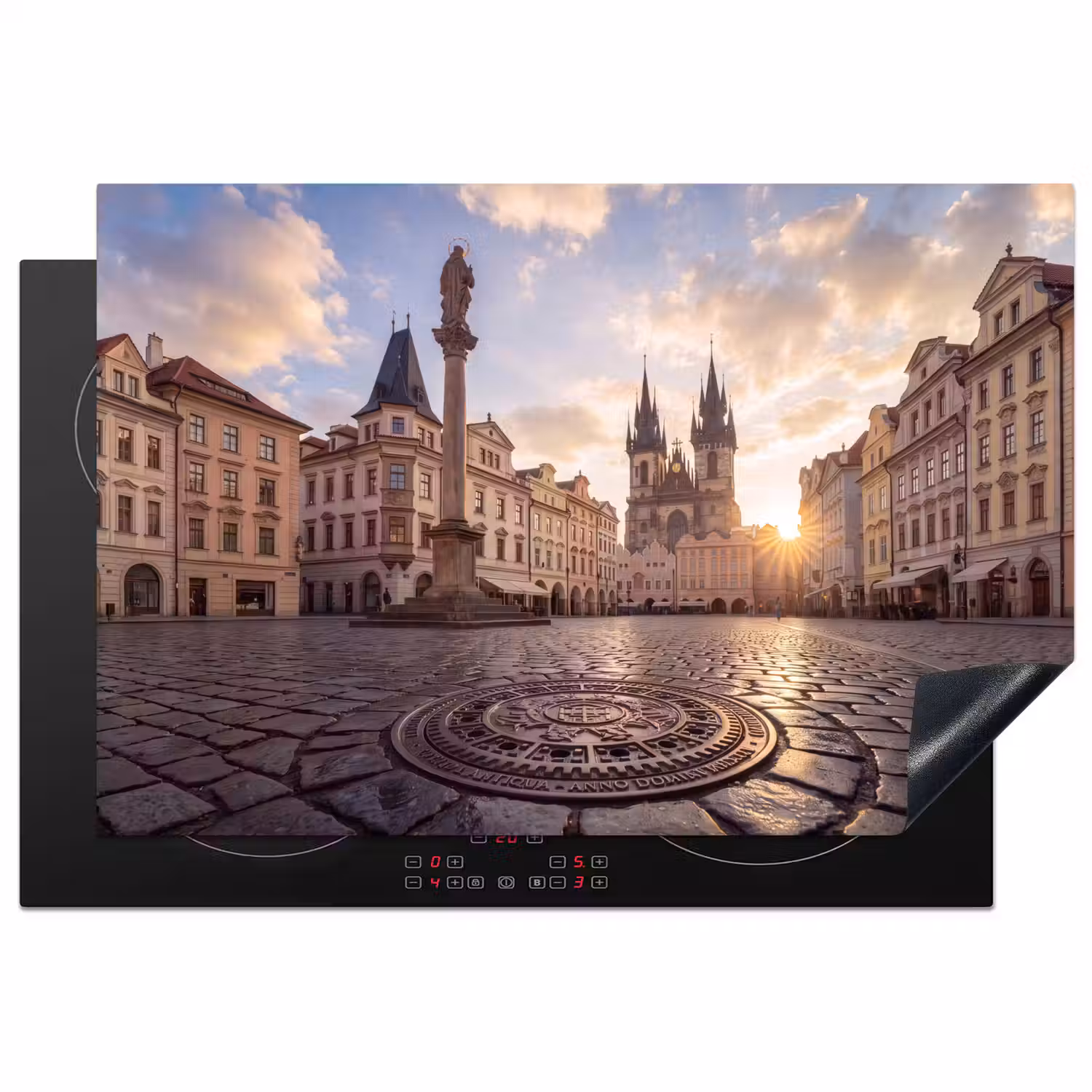 Stad - Praag - Ochtend - Architectuur - Goud Inductie beschermer vinyl 3mm klein -3d