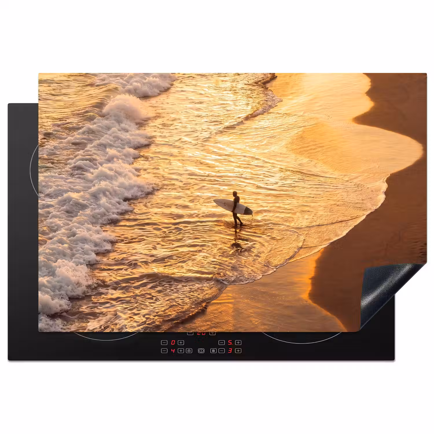 Surfer - Strand - Zonsondergang - Oceaan - Goud Inductie beschermer vinyl 3mm klein -3d