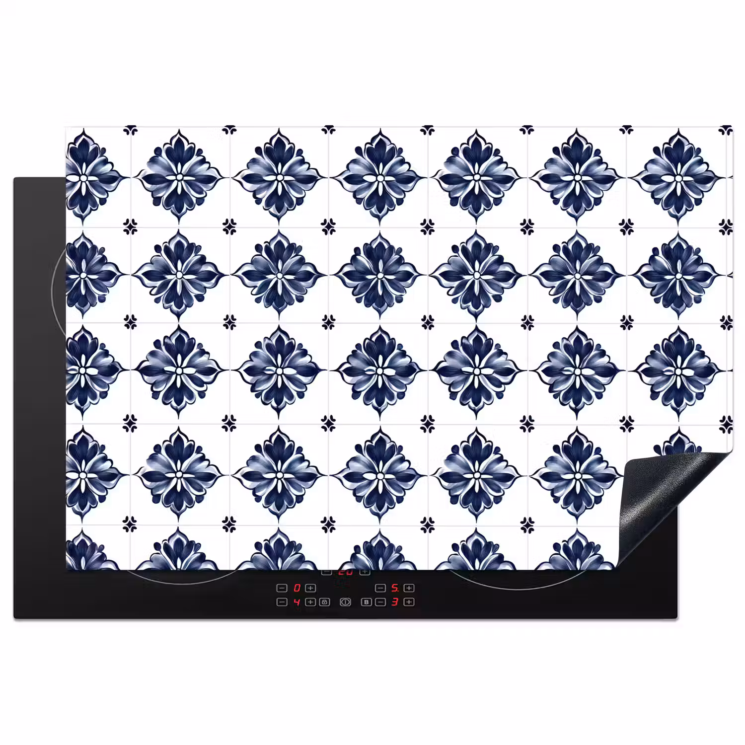 Tegelmotief - Blauw - Wit - Bloem Inductie beschermer vinyl 3mm klein 276 -3d