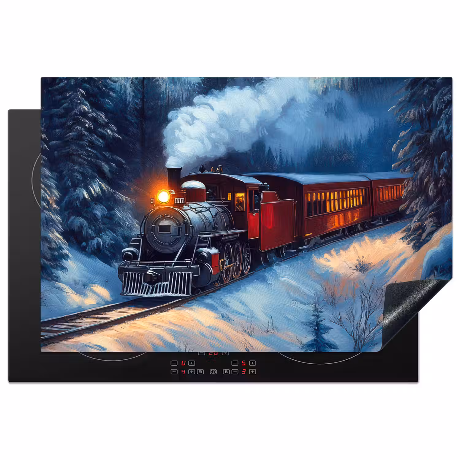 Trein - Kerst - Sneeuw - Kersttrein Inductie beschermer vinyl 3mm klein -3d