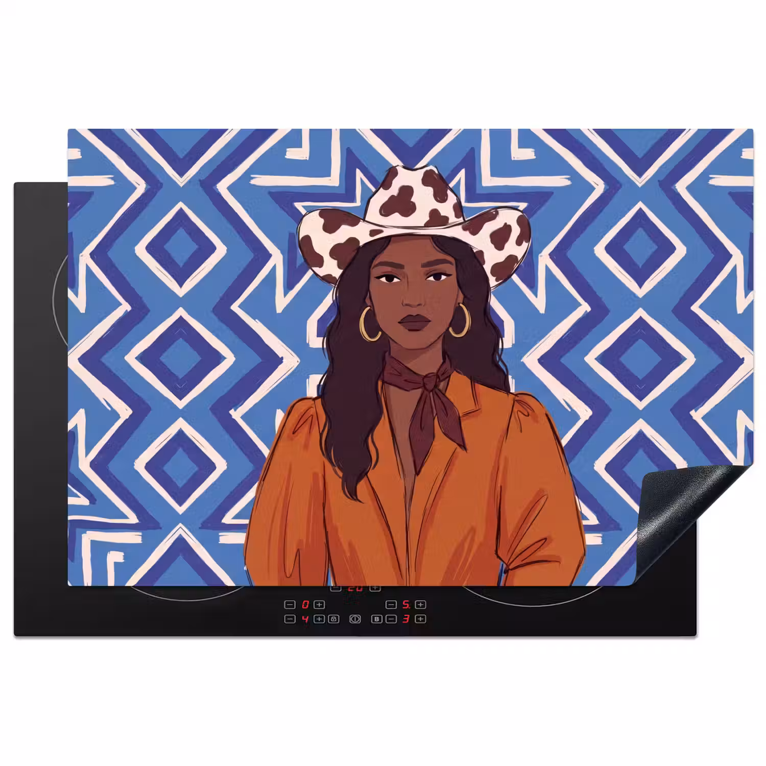 Vrouw - Cowboyhoed - Portret - Modern - Blauw Inductie beschermer vinyl 3mm klein -3d