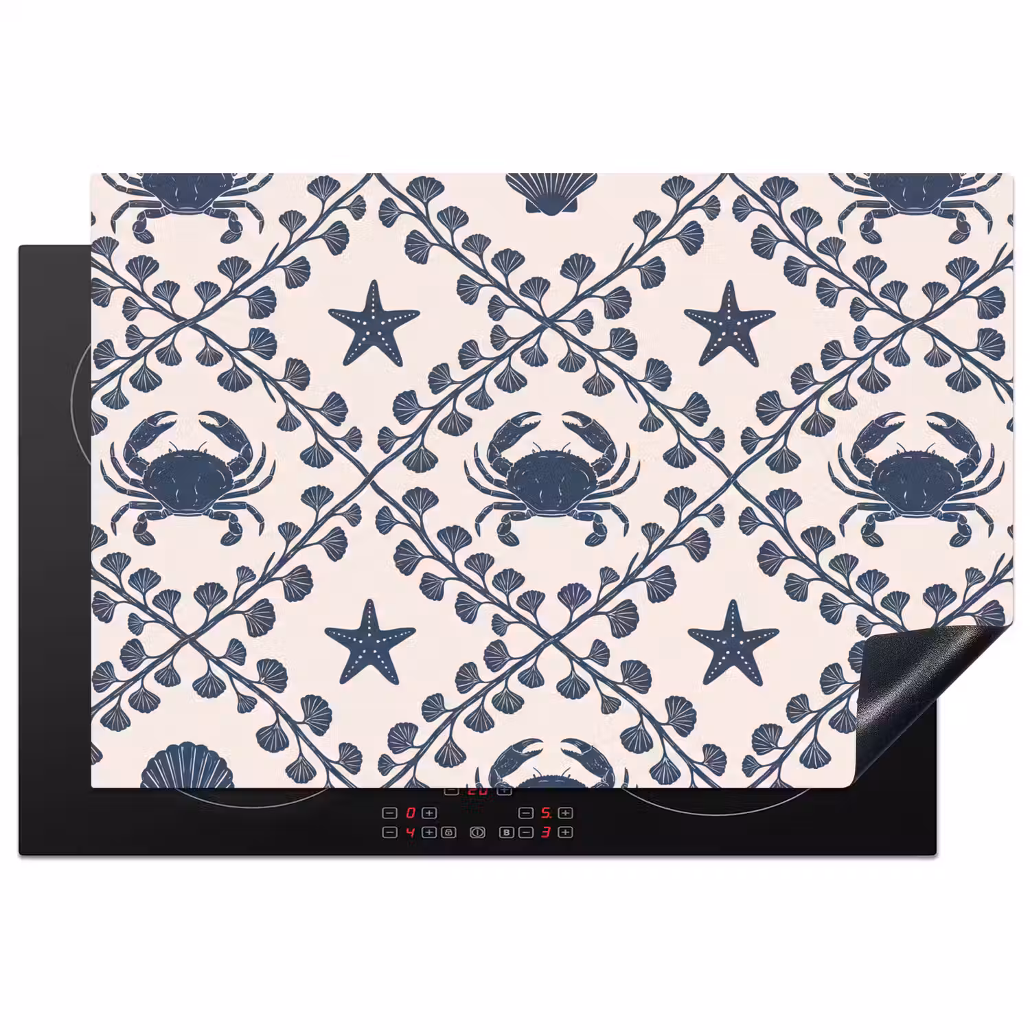 Zee - Krab - Zeester - Patroon - Blauw Inductie beschermer vinyl 3mm klein -3d