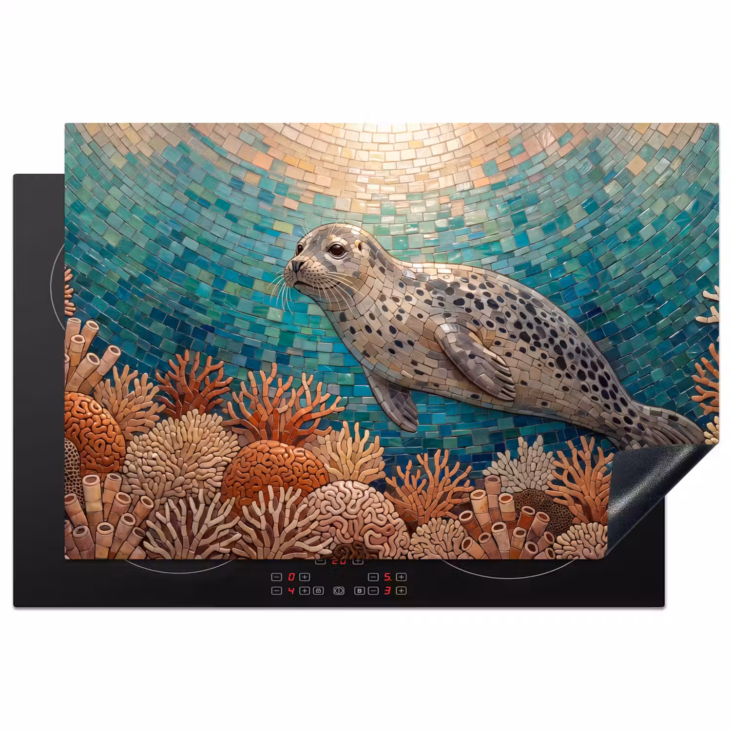 Zeehond - Mozaïek - Onderwater - Dieren - Blauw Inductie beschermer vinyl 3mm klein -3d