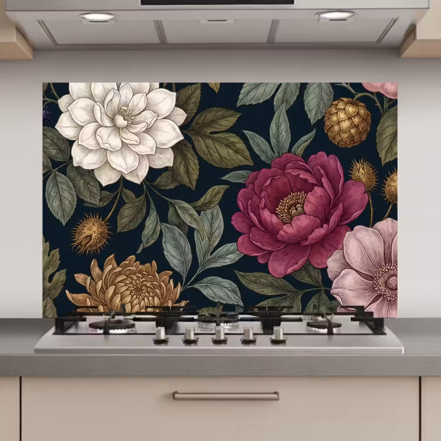 Bloemen - Botanisch - Illustratie - Donker - Vintage keuken achterwand spatscherm klein -3d_website