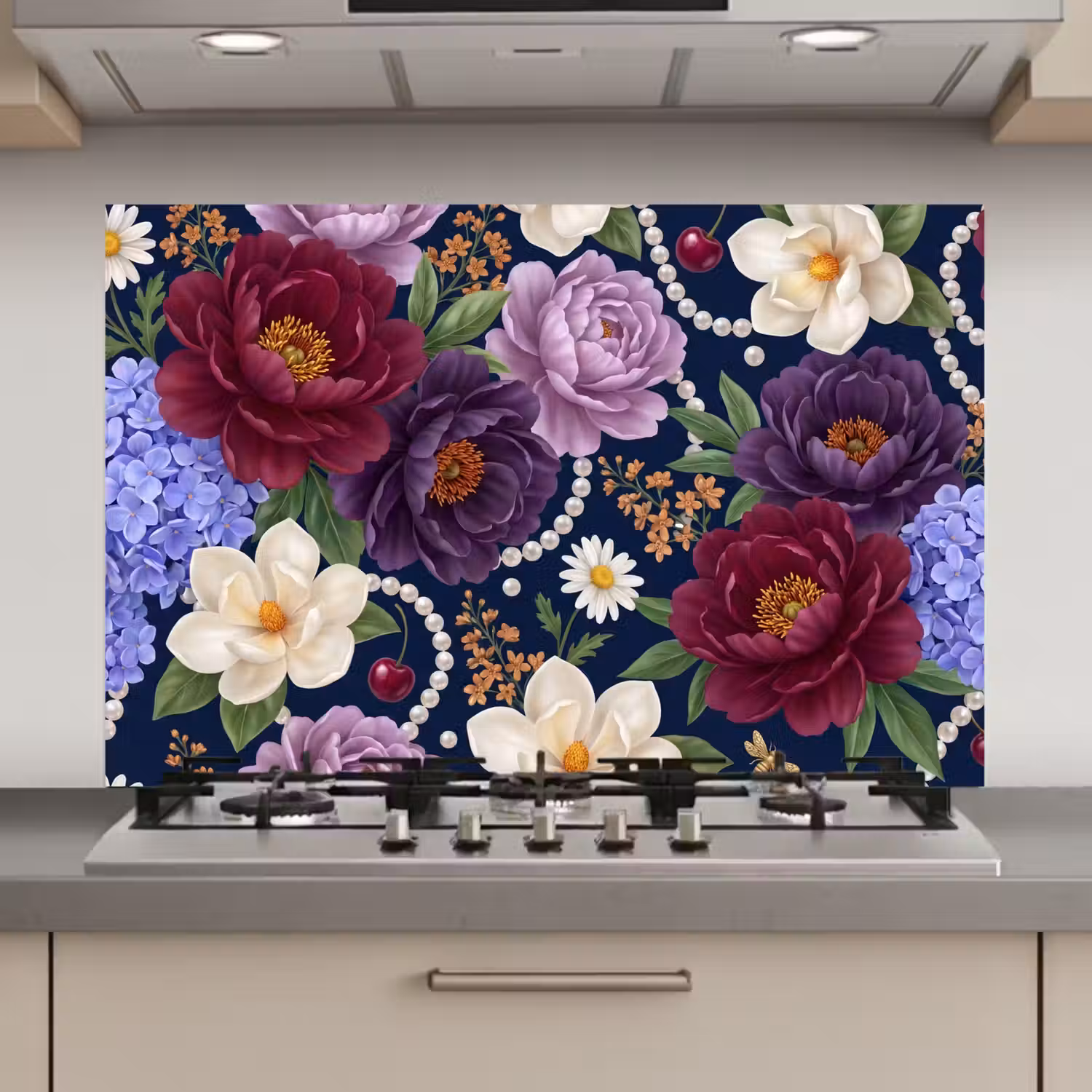 Bloemen - Parels - Decoratie - Modern - Blauw keuken achterwand spatscherm klein -3d_website