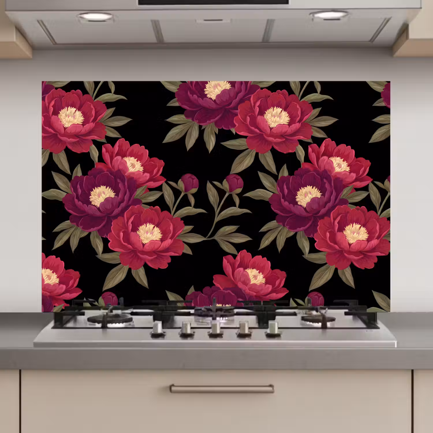 Bloemen - Patroon - Botanisch - Rood - Zwart keuken achterwand spatscherm klein -3d_website