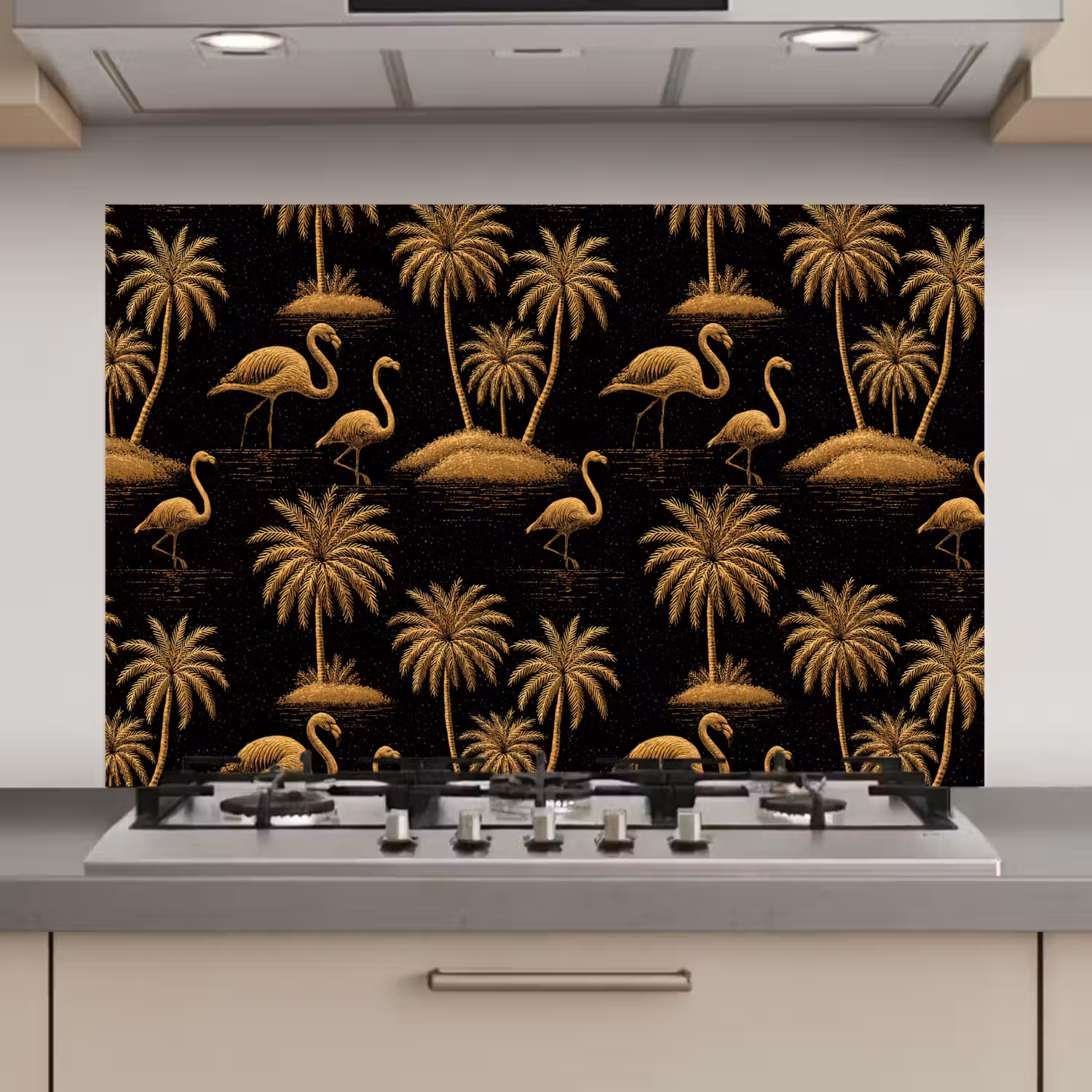Flamingo - Palmbomen - Tropisch - Goud - Zwart keuken achterwand spatscherm klein 900 -3d_website