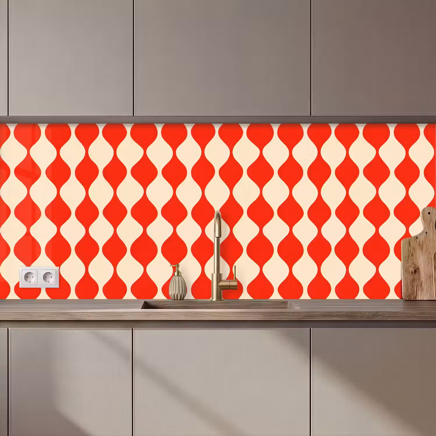 Golvend patroon - Retro - Rood - Beige keuken achterwand 2 middel 871 zz_3dshopping