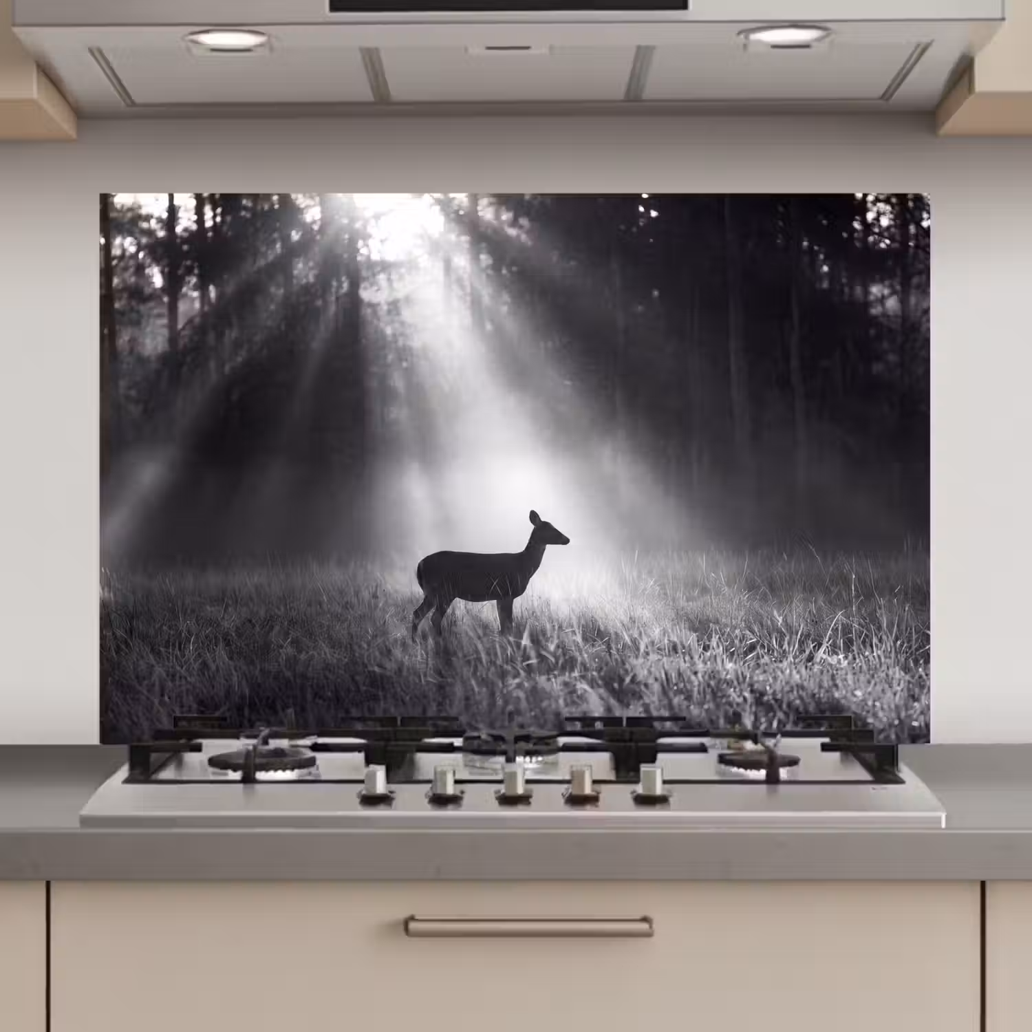 Hert - Bos - Zonnestralen - Zwart-wit - Natuur keuken achterwand spatscherm klein -3d_website