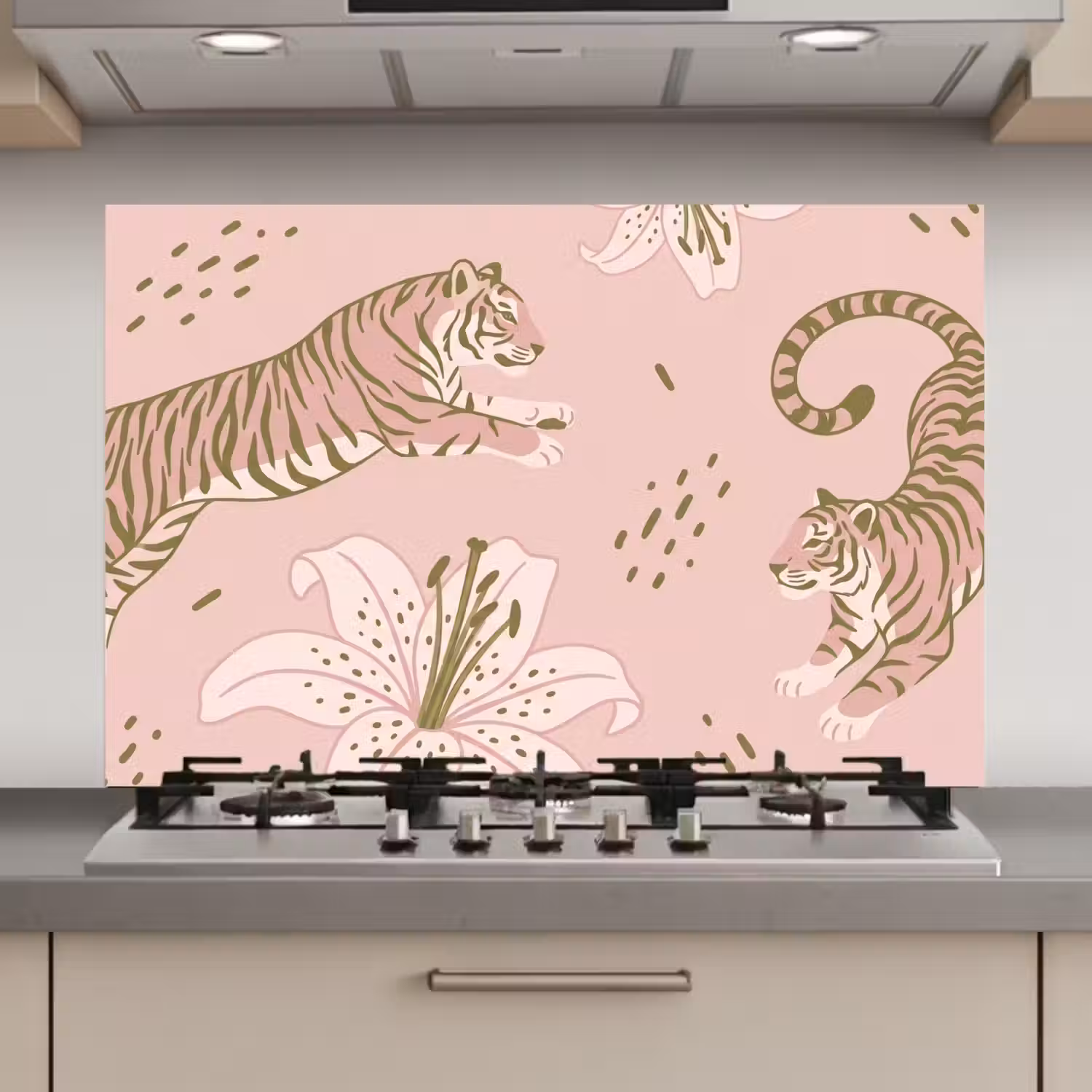 Kat - Springend - Bloemen - Abstract - Roze keuken achterwand spatscherm klein -3d_website