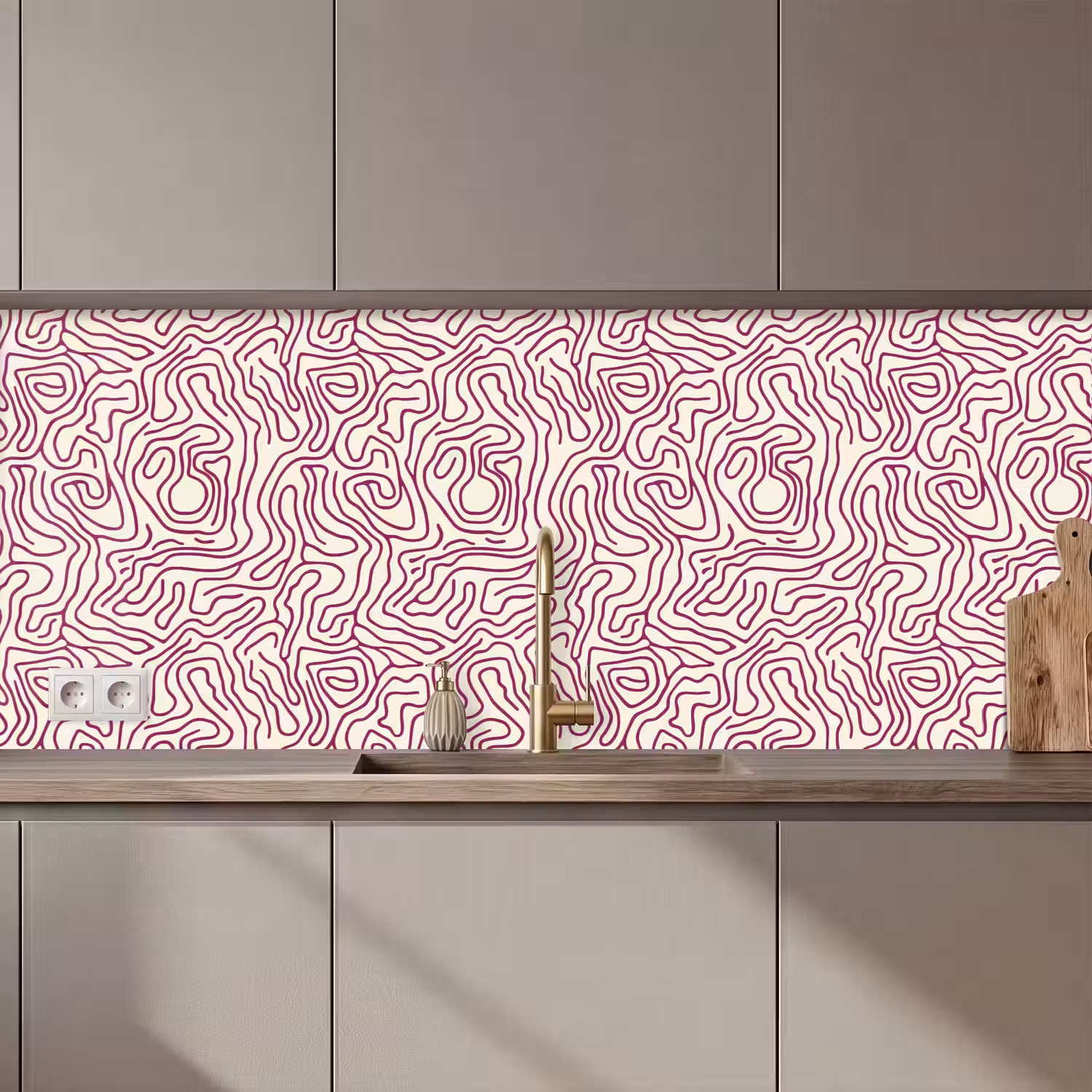 Kronkelende lijn - Magenta - Crème keuken achterwand 2 middel 871 zz_3dshopping