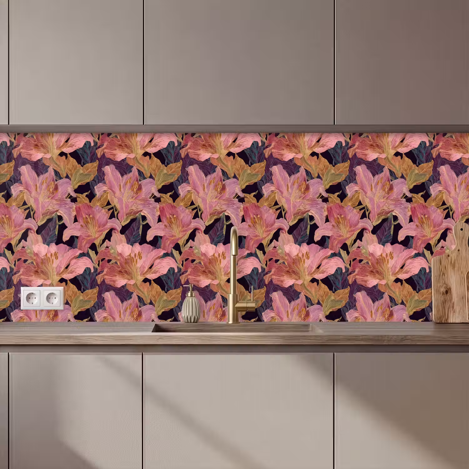 Lelies - Patroon - Roze - Goud keuken achterwand 2 middel 871 zz_3dshopping