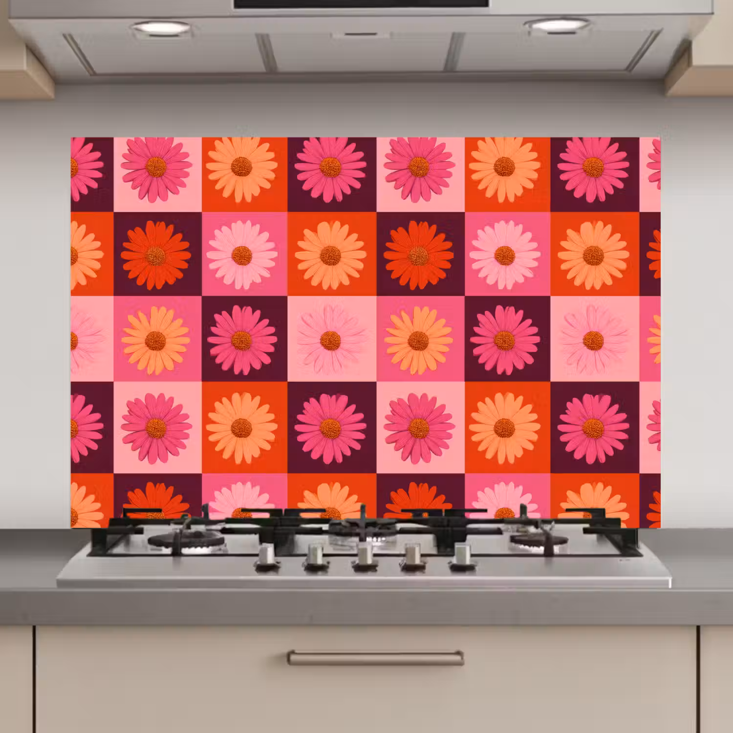 Madeliefjes - Dambord - Retro - Roze - Oranje keuken achterwand spatscherm klein 900 -3d_website