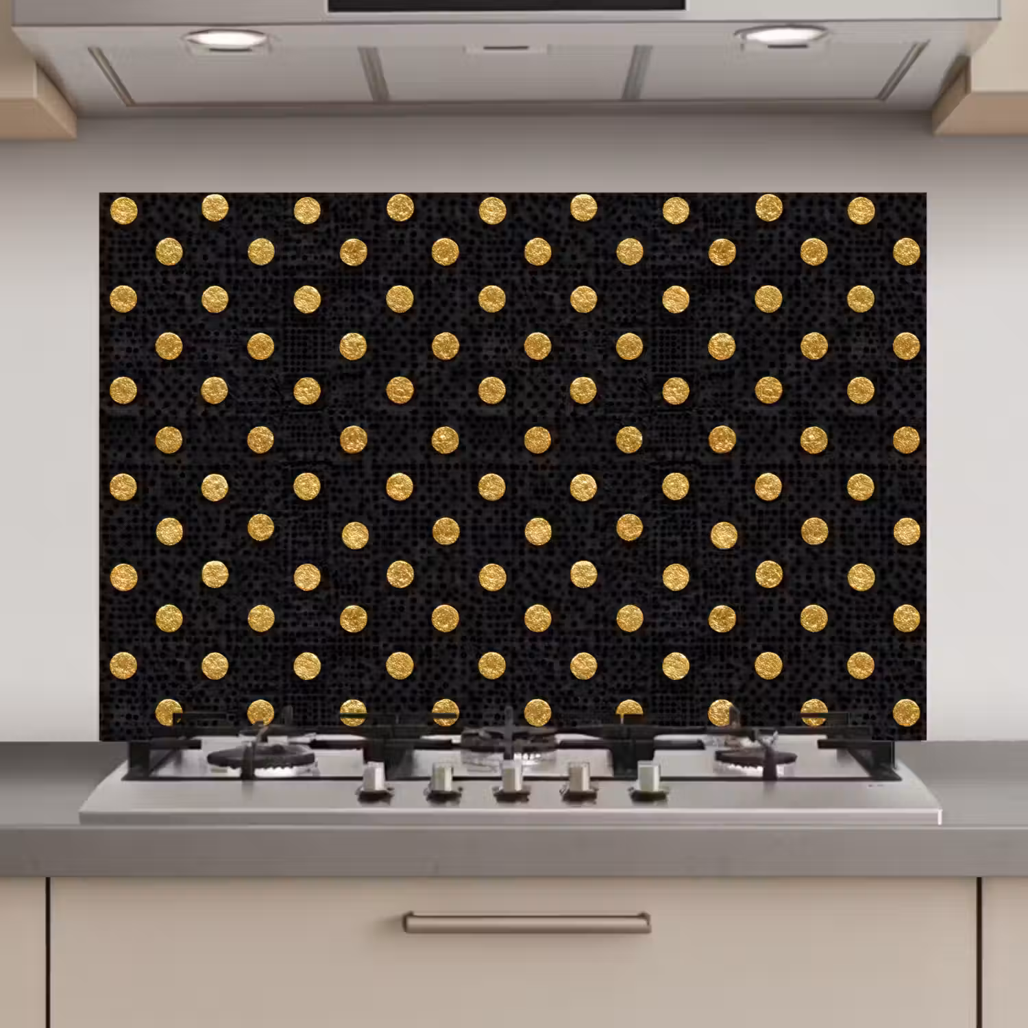 Polka Dot - Stippen - Goud - Zwart keuken achterwand spatscherm klein 900 -3d_website