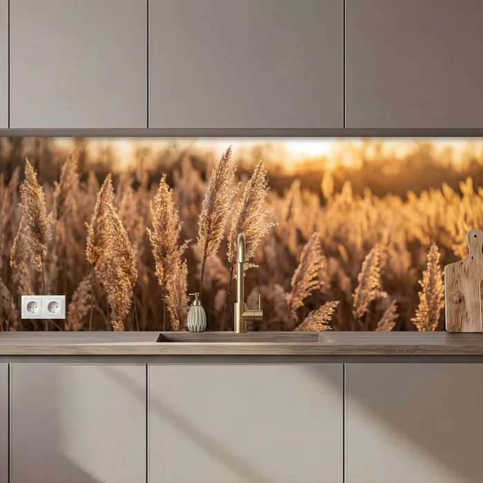 Rietpluimen - Gras - Zonsondergang - Goud - Serene keuken achterwand 2 middel zz_3dshopping