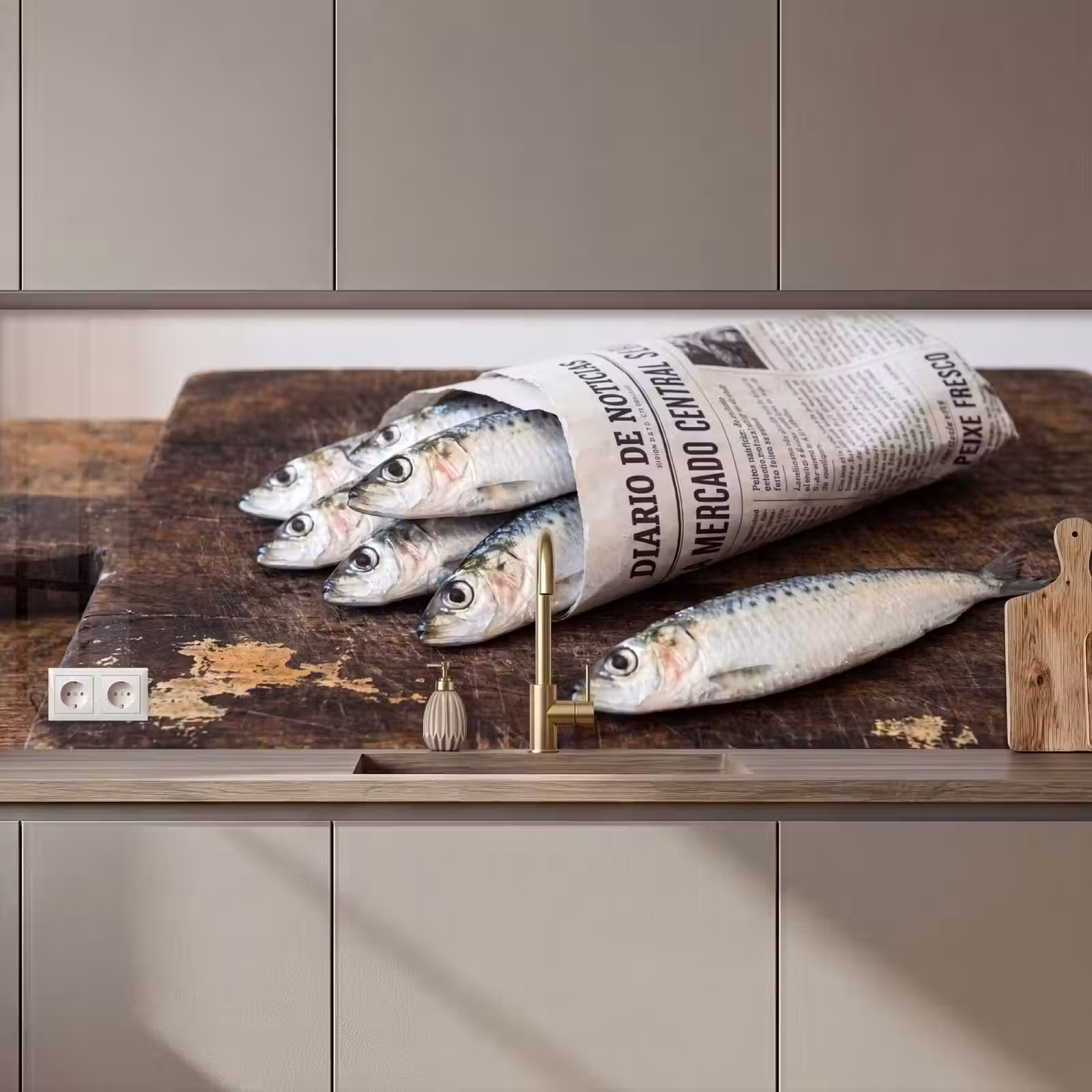 Keuken achterwand - Sardientje - krant - snijplank - Sardientje - krant - snijplank keuken achterwand 2 middel zz_3dshopping