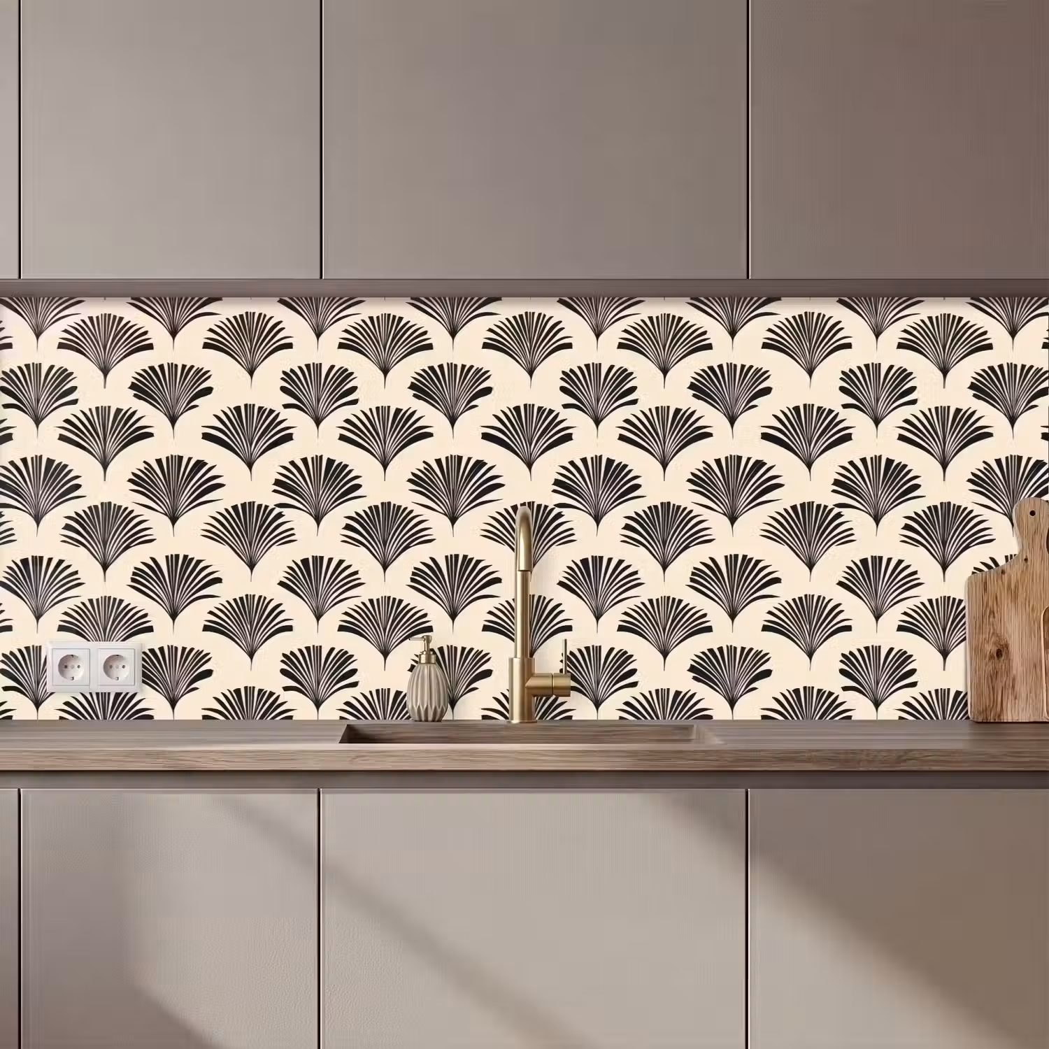 Waaiers - Botanisch - Zwart - Beige keuken achterwand 2 middel 871 zz_3dshopping