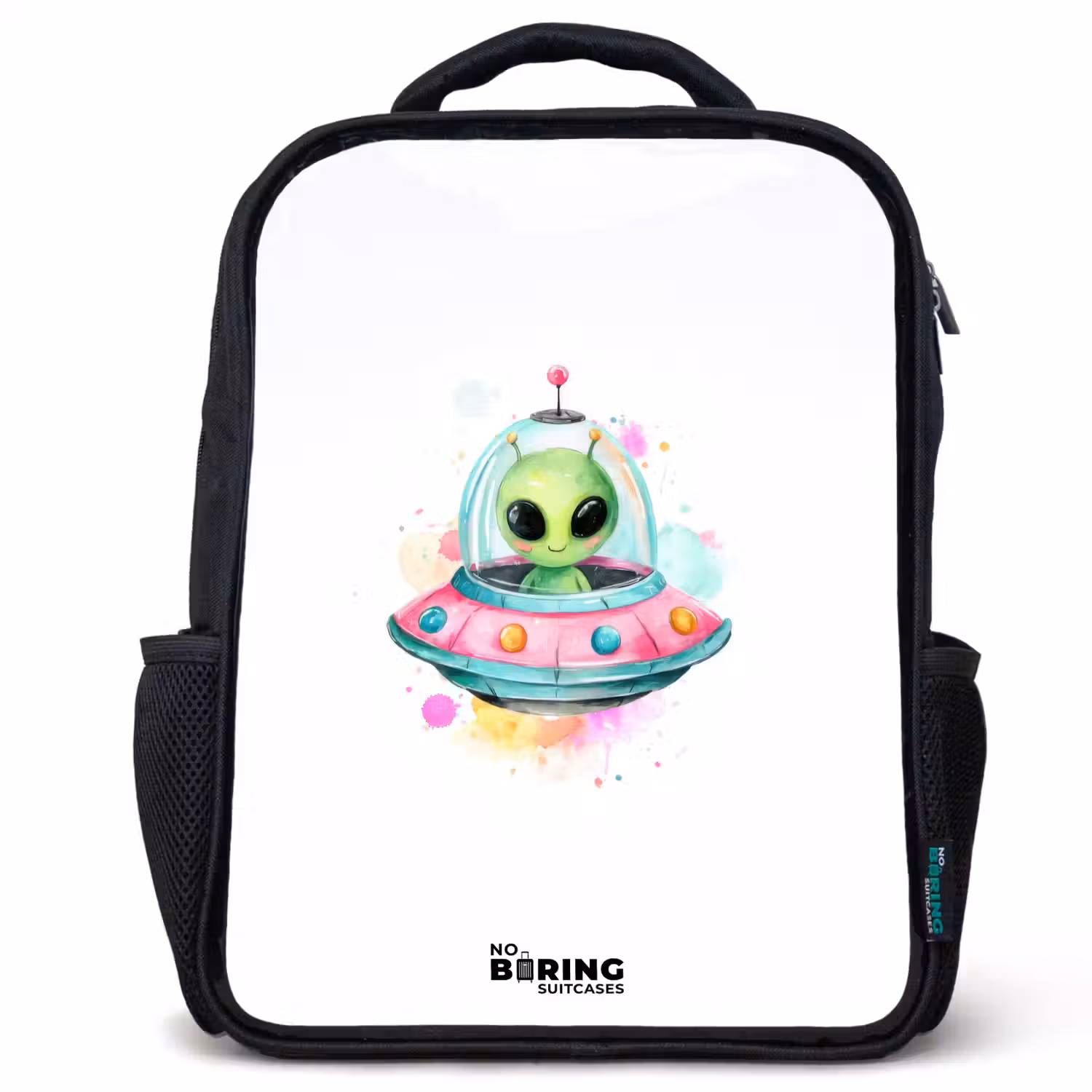 Groene alien in kleurrijke UFO Rugzak - Zwart middel -3d