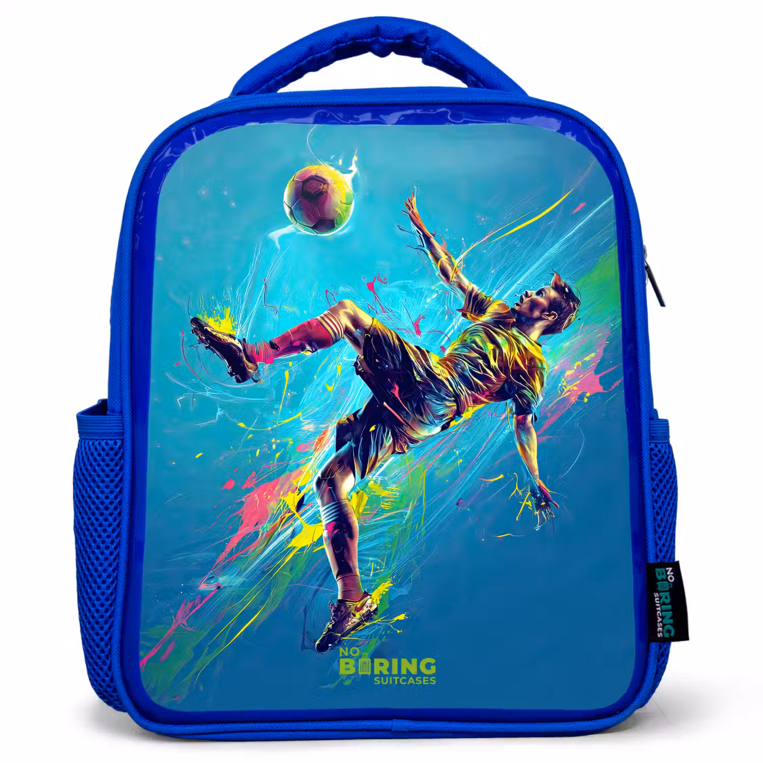 Neon - Voetbal - Schop - Kleurrijk Kinderrugzak - Blauw middel -3d