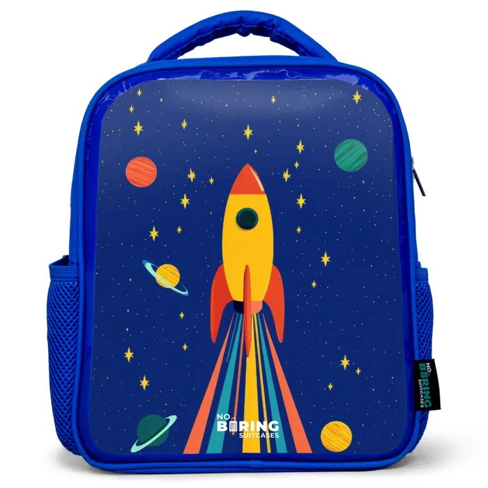 Raket - Sterren - Planeet - Ruimte Kinderrugzak - Blauw middel -3d