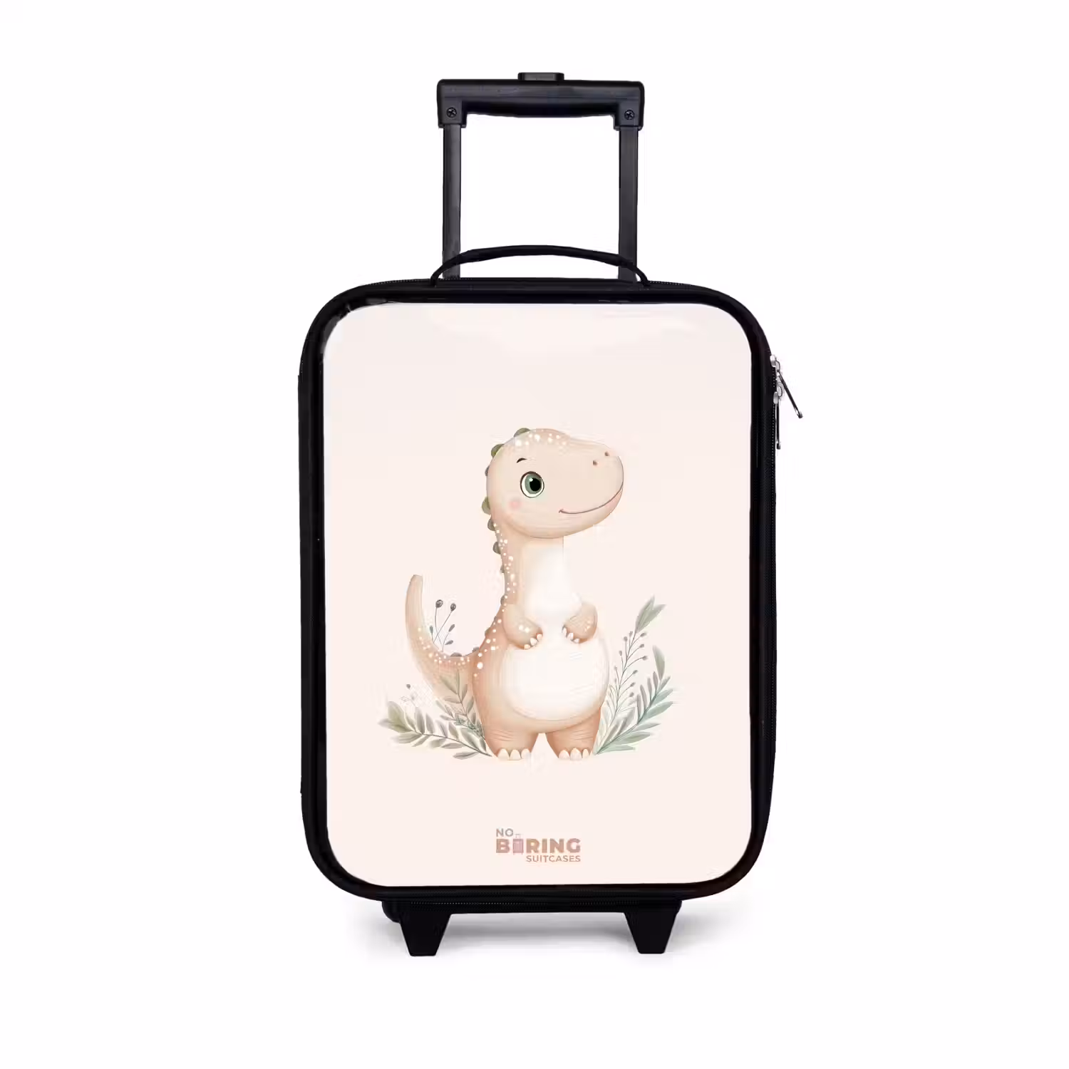 Beige dinosaurus met groene blaadjes Kinderkoffer - Zwart klein -3d