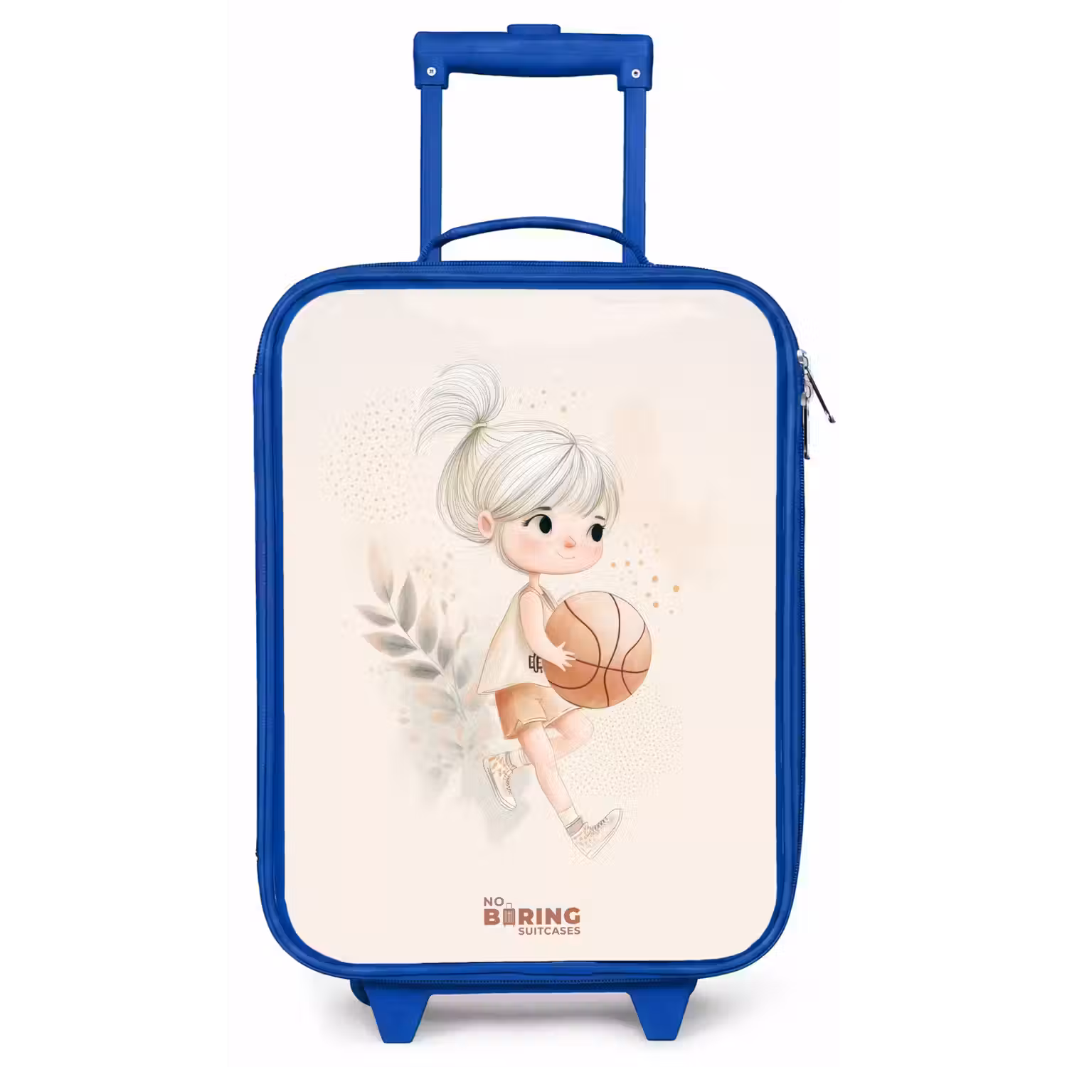 Meisje met een basketbal in neutrale kleuren. Kinderkoffer - Blauw klein -zz3dotto