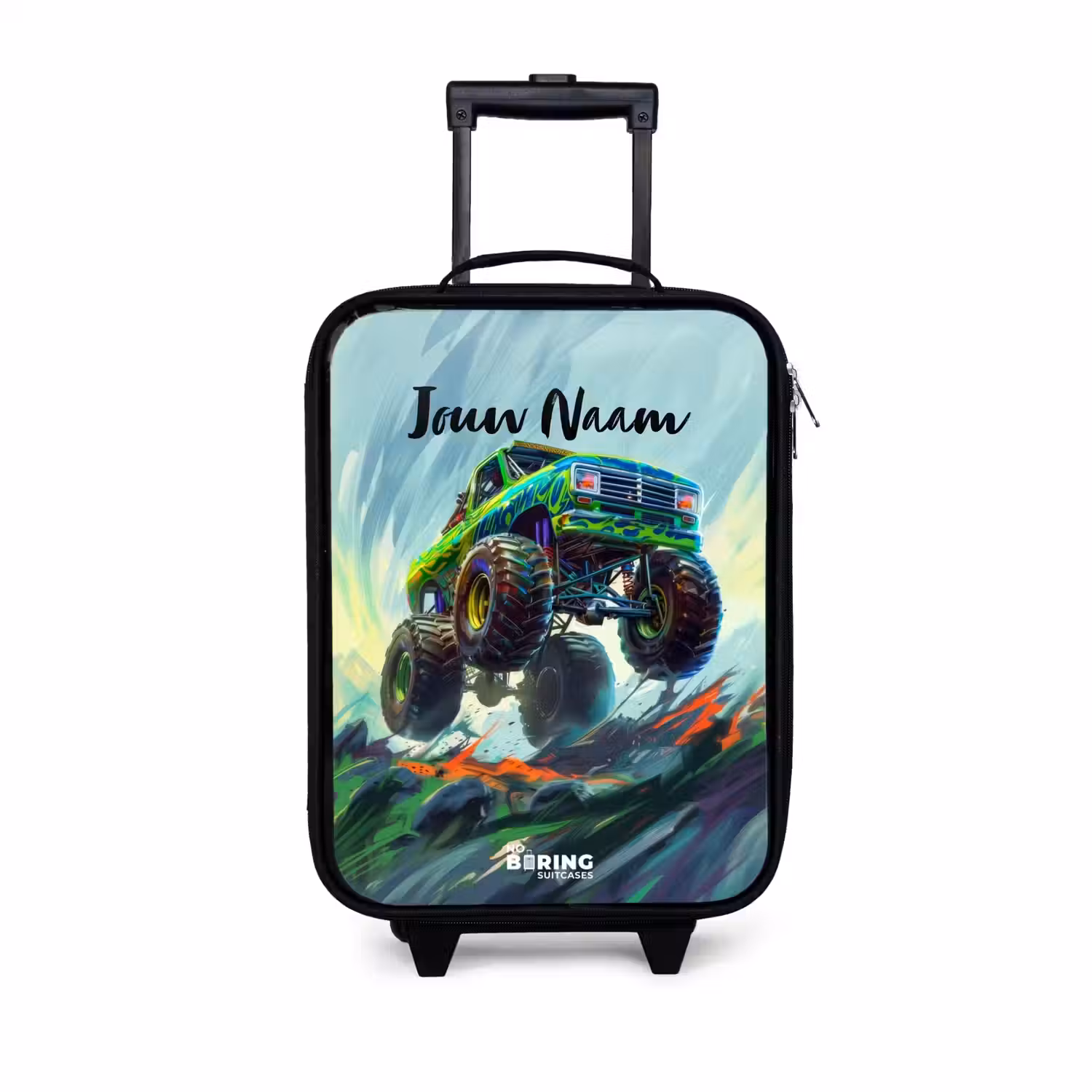 Groene Monstertruck met Penseelstreken Kinderkoffer - Zwart klein -3d