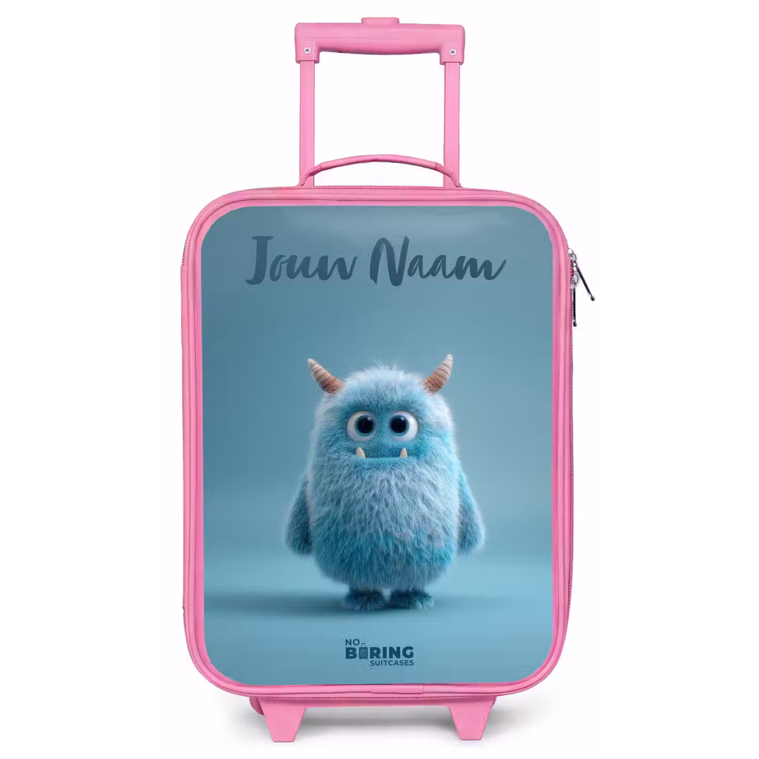 Blauw pluizig monster met hoorns Kinderkoffer - Roze klein -zz3dotto