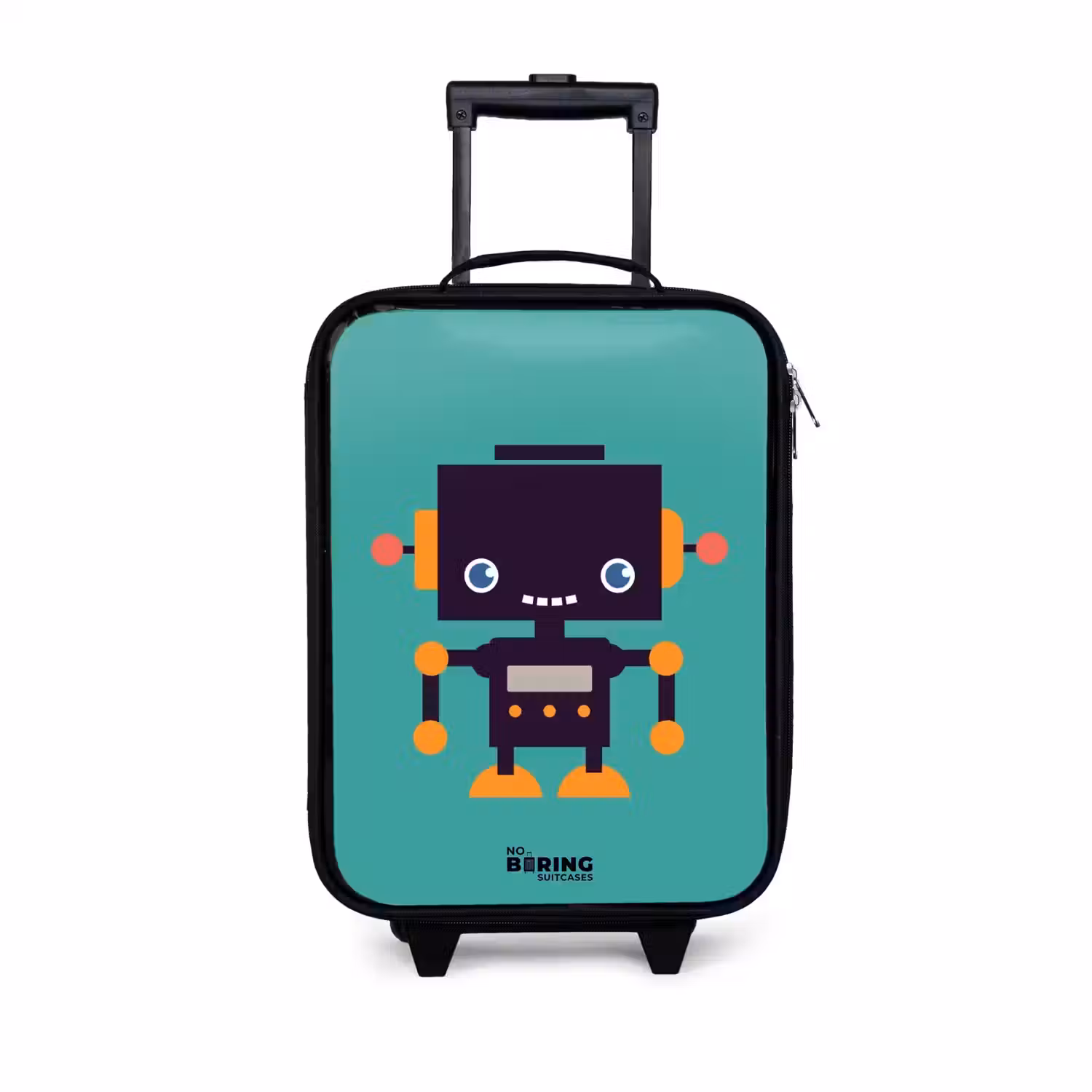 Zwarte robot met oranje accenten op een blauwe achtergrond Kinderkoffer - Zwart klein -3d