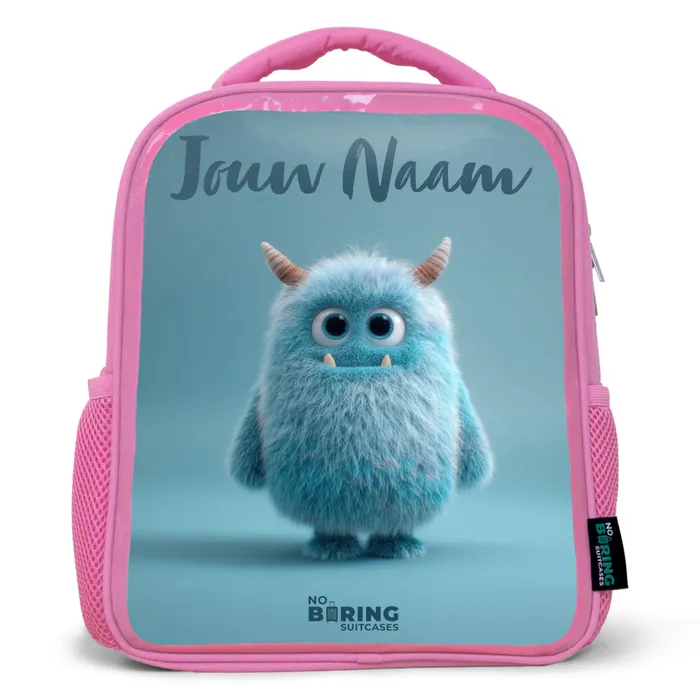 Blauw pluizig monster met hoorns Kinderrugzak - Roze middel -3d