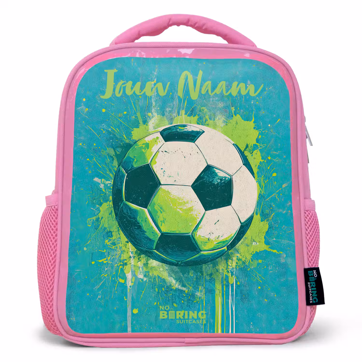 Voetbalvibes - Verfspatten - Groen - Blauw Kinderrugzak - Roze middel -3d