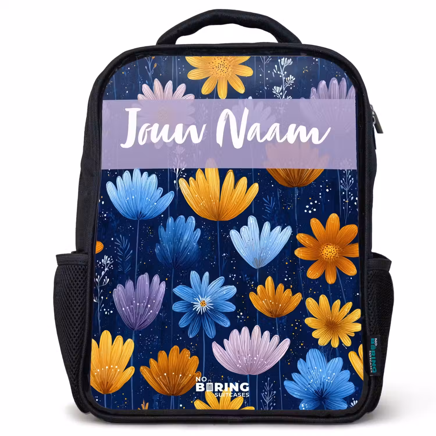 Bloemen - Patroon - Blauw Rugzak - Zwart middel -3d