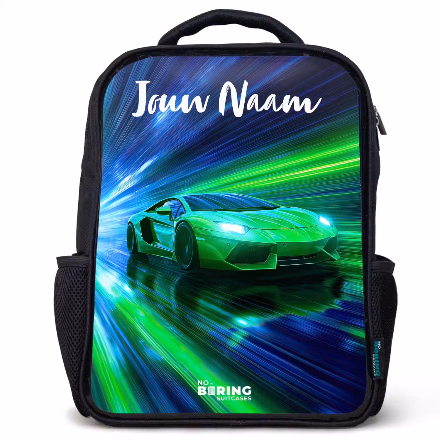 Sportauto - Groen - Snelheidslijnen - Neon Rugzak - Zwart middel -3d