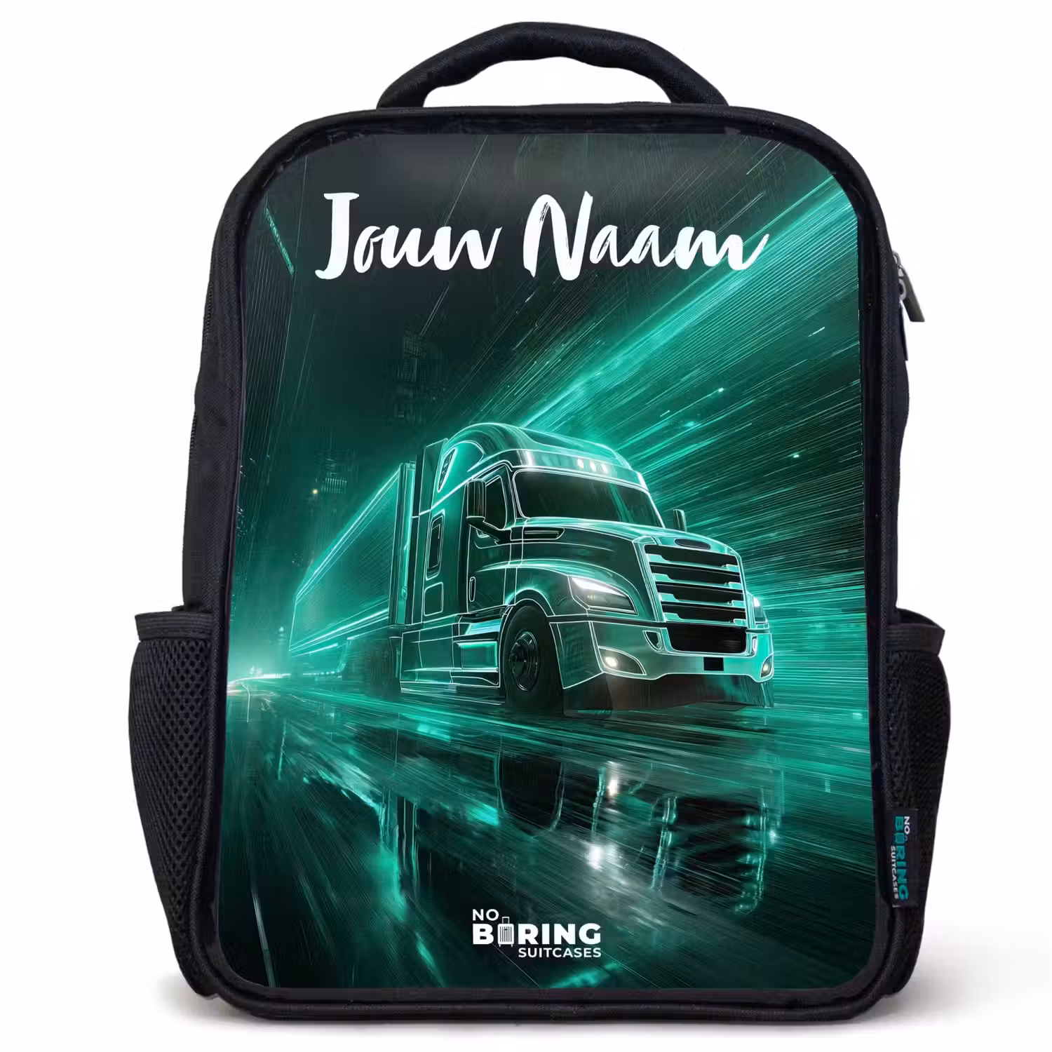 Vrachtwagen - Stad - Groen - Neon Rugzak - Zwart middel -3d