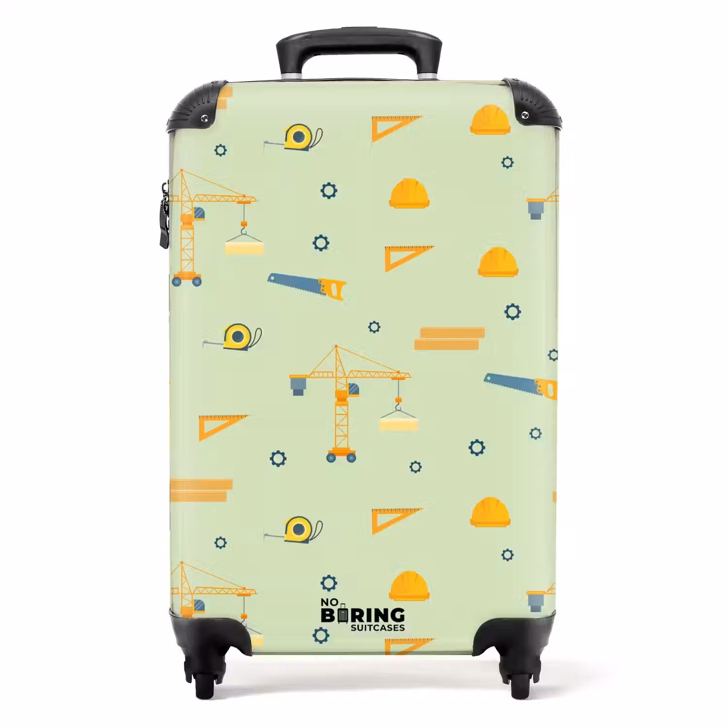 Bouwkranen en timmergereedschap op mintgroene achtergrond NBS - Handbagage koffer - Kinderen Unisex middel -productfoto_recht