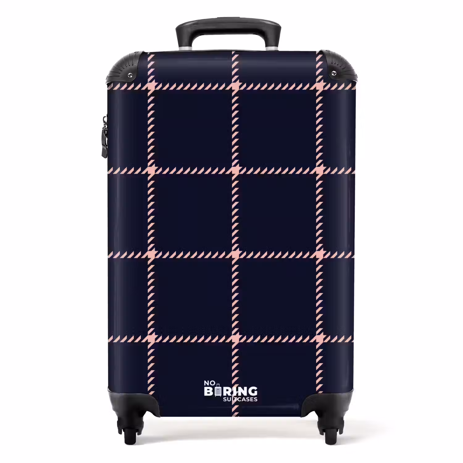 Donkerblauw ruitpatroon met roze visgraatlijnen NBS - Handbagage koffer - Kinderen Unisex middel -productfoto_recht