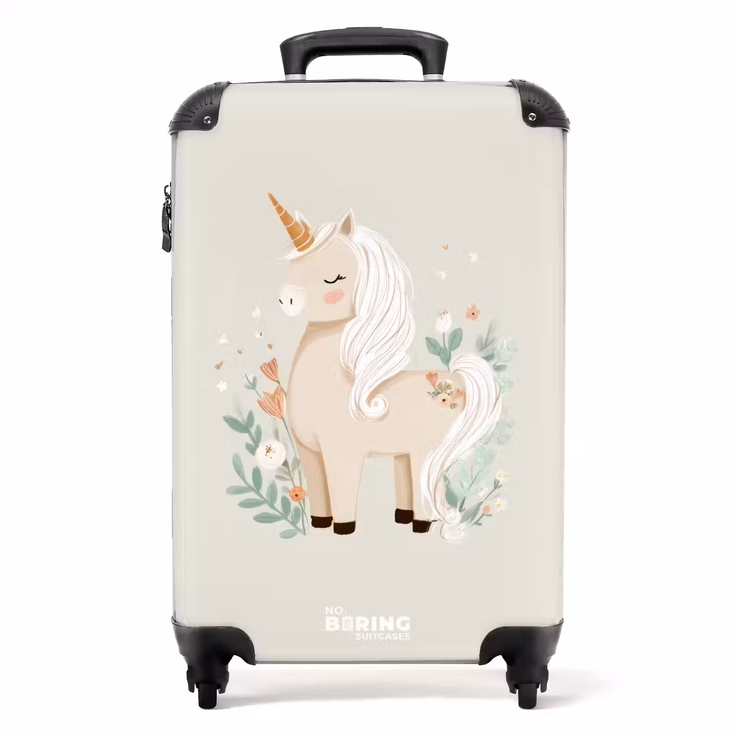 Eenhoorn tussen bloemen in beige kleuren NBS - Handbagage koffer - Volwassenen Unisex middel -productfoto_recht