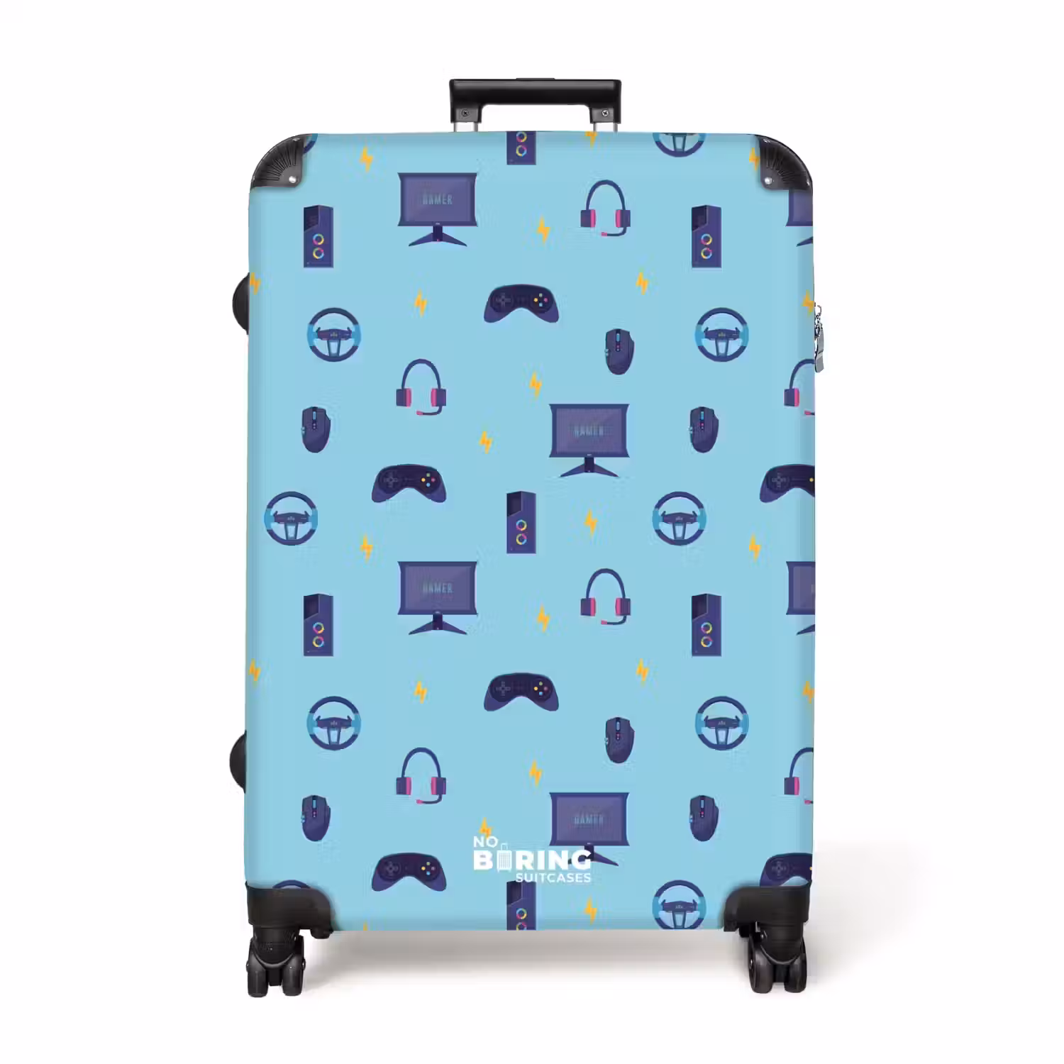 Gamer patroon met spelaccessoires op blauw NBS - Large koffer - Volwassenen Unisex groot -3d