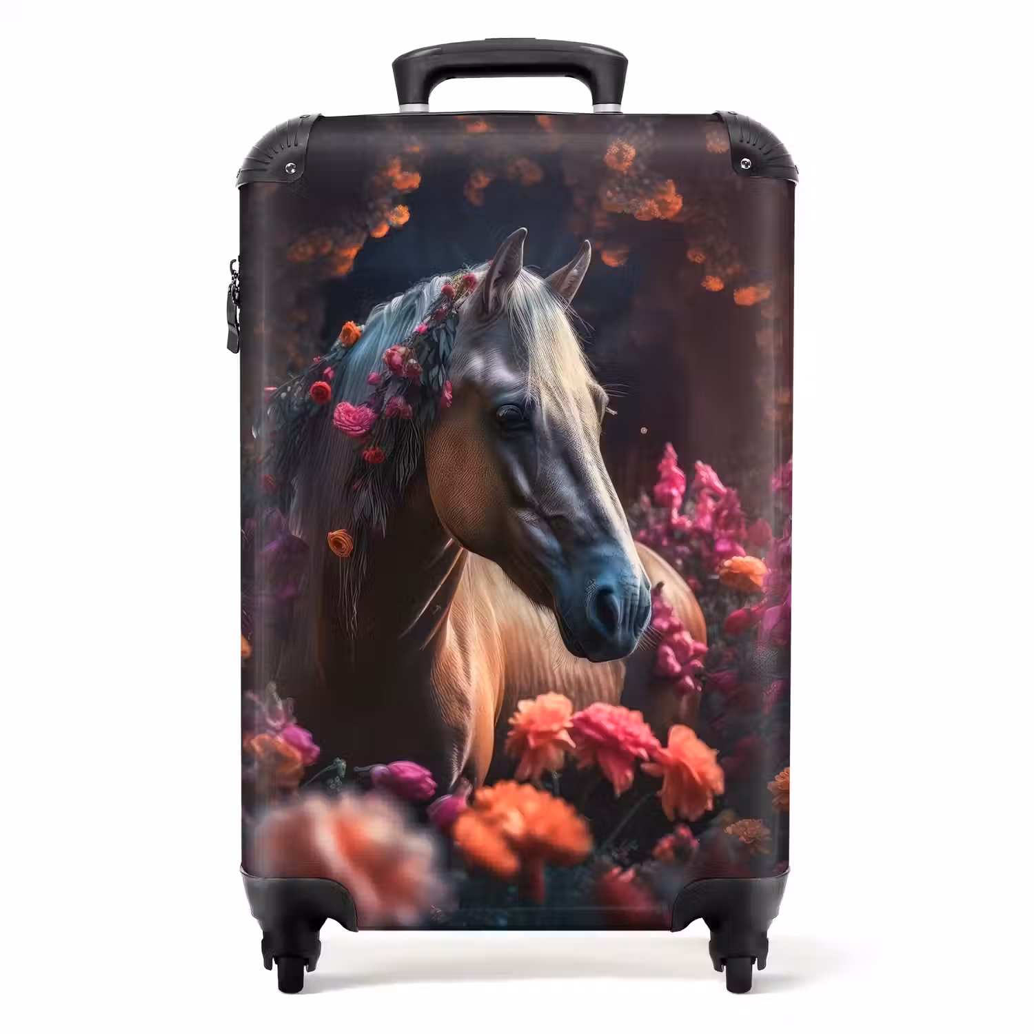 Koffer - Paard - Bloemen - Paars - Oranje - Dieren NBS - Handbagage koffer - Unisex middel -productfoto_recht