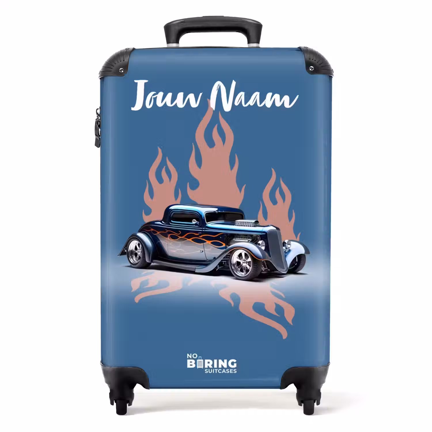 Blauwe auto met roze vlammen NBS - Handbagage koffer - Kinderen Unisex middel -productfoto_recht