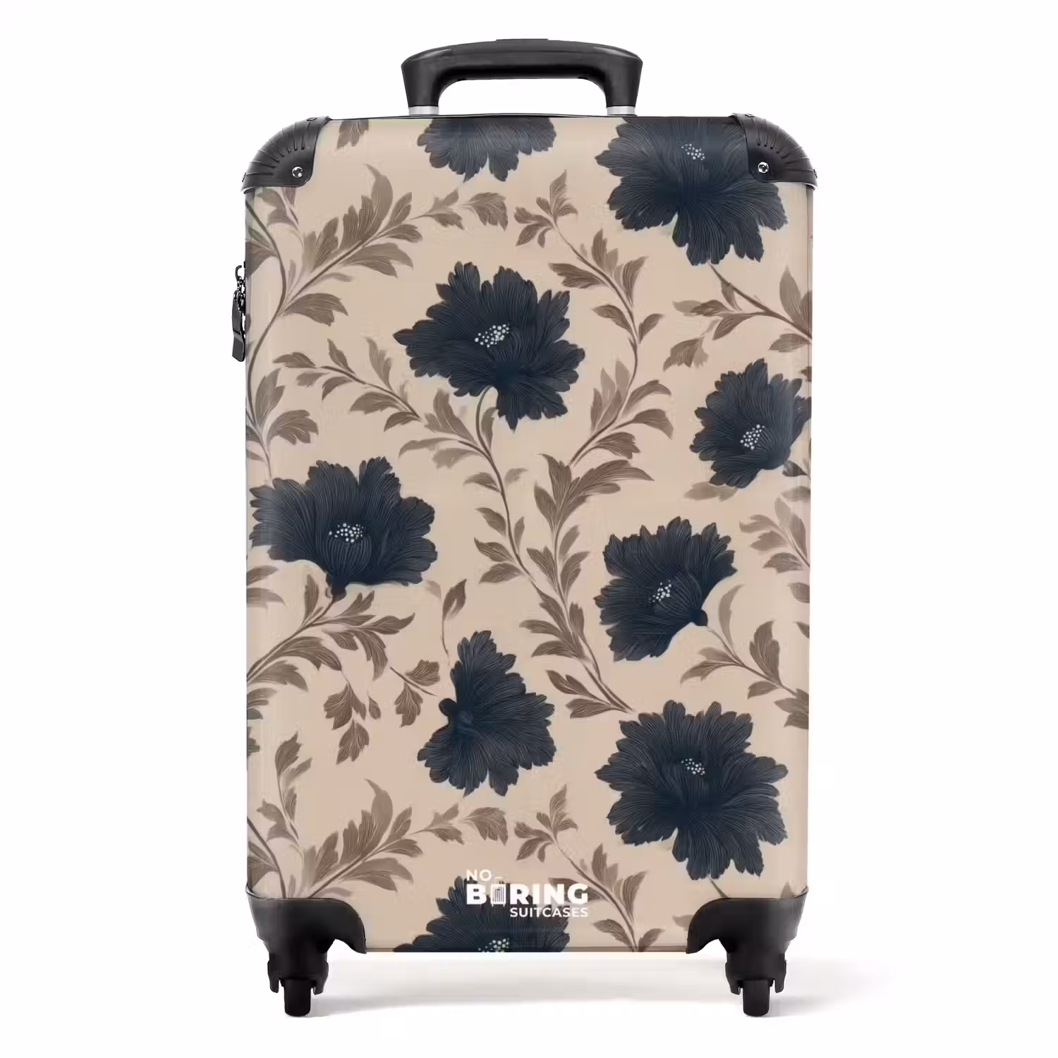 Motief - Bloemen - Zwart - Beige NBS - Handbagage koffer - Volwassenen Unisex middel -productfoto_recht