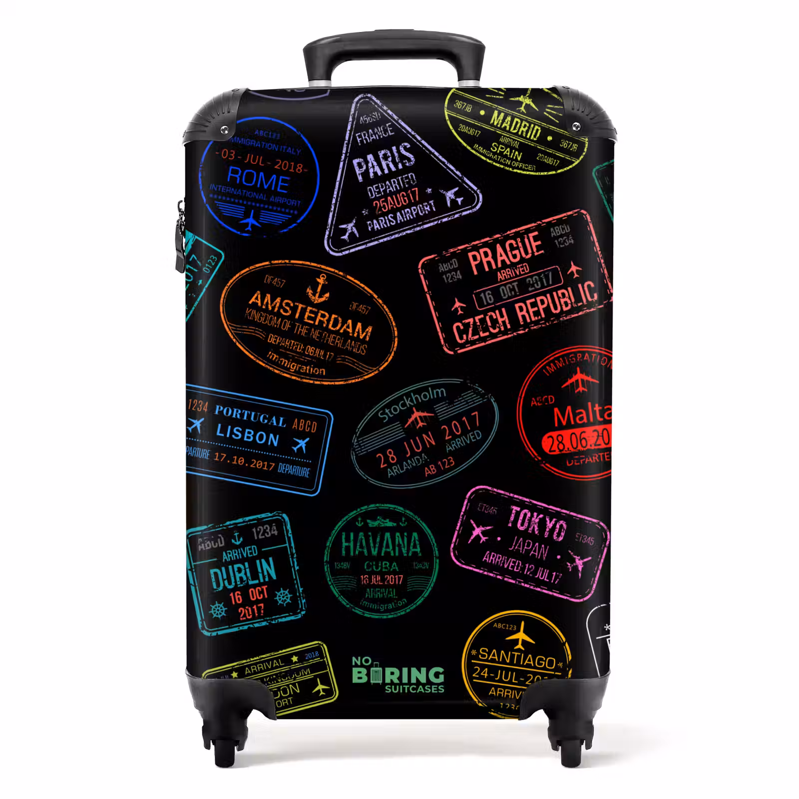Koffer - Paspoortstempels - Kleurrijk - Zwart - Paspoortstempels - Kleurrijk - Zwart NBS - Handbagage koffer - Volwassenen Unisex middel