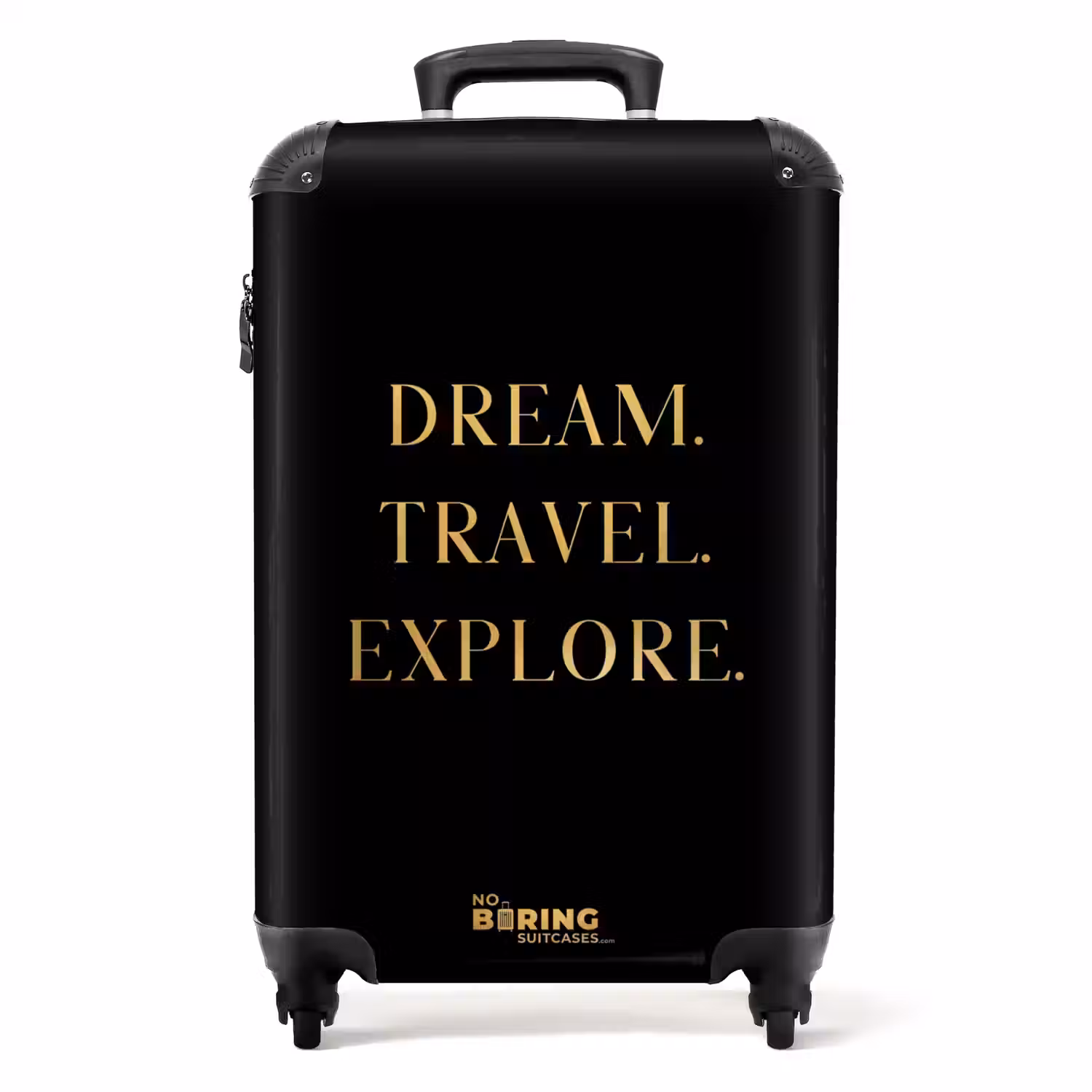 Quotes - Dream travel explore - Goud - Reizen - Zwart NBS - Handbagage koffer - Unisex middel -productfoto_recht